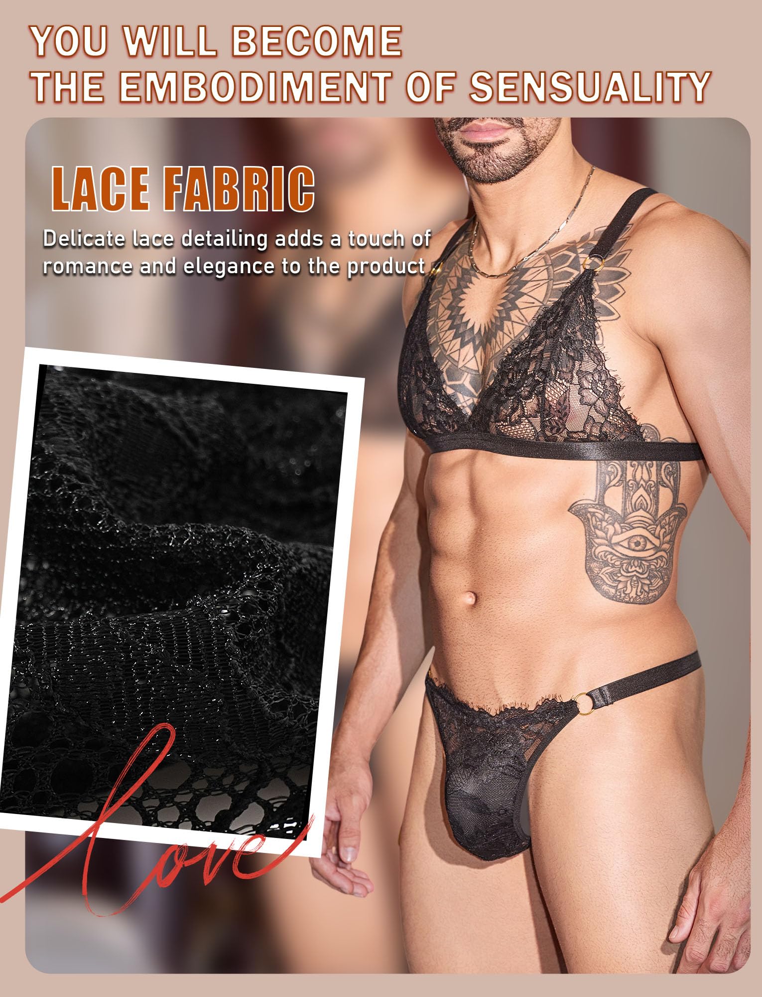 Homme Sissy Lingerie Ensemble Sexy Dentelle Transparent Bikini Soutiens-Gorge avec String sous-Vêtements Gay Tenus de Nuit