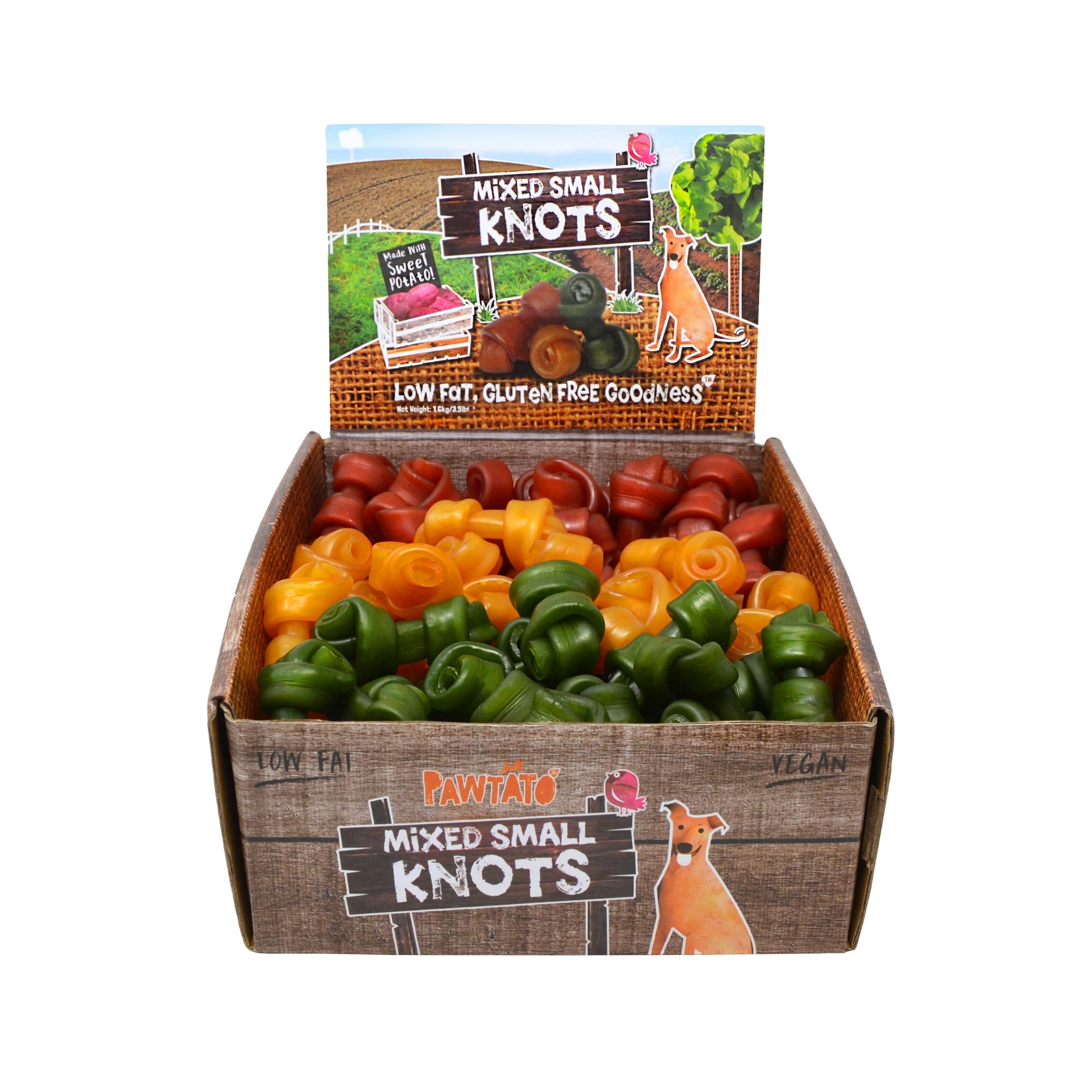 Pawtato Small Knot Vegan Dog Chews (Mixed Case 1.6kg) – Plant-Based Rawhide-Free Dog Treats Made with Sweet Potato, Rice & Brewer’s Yeast, Fun Natural Colours