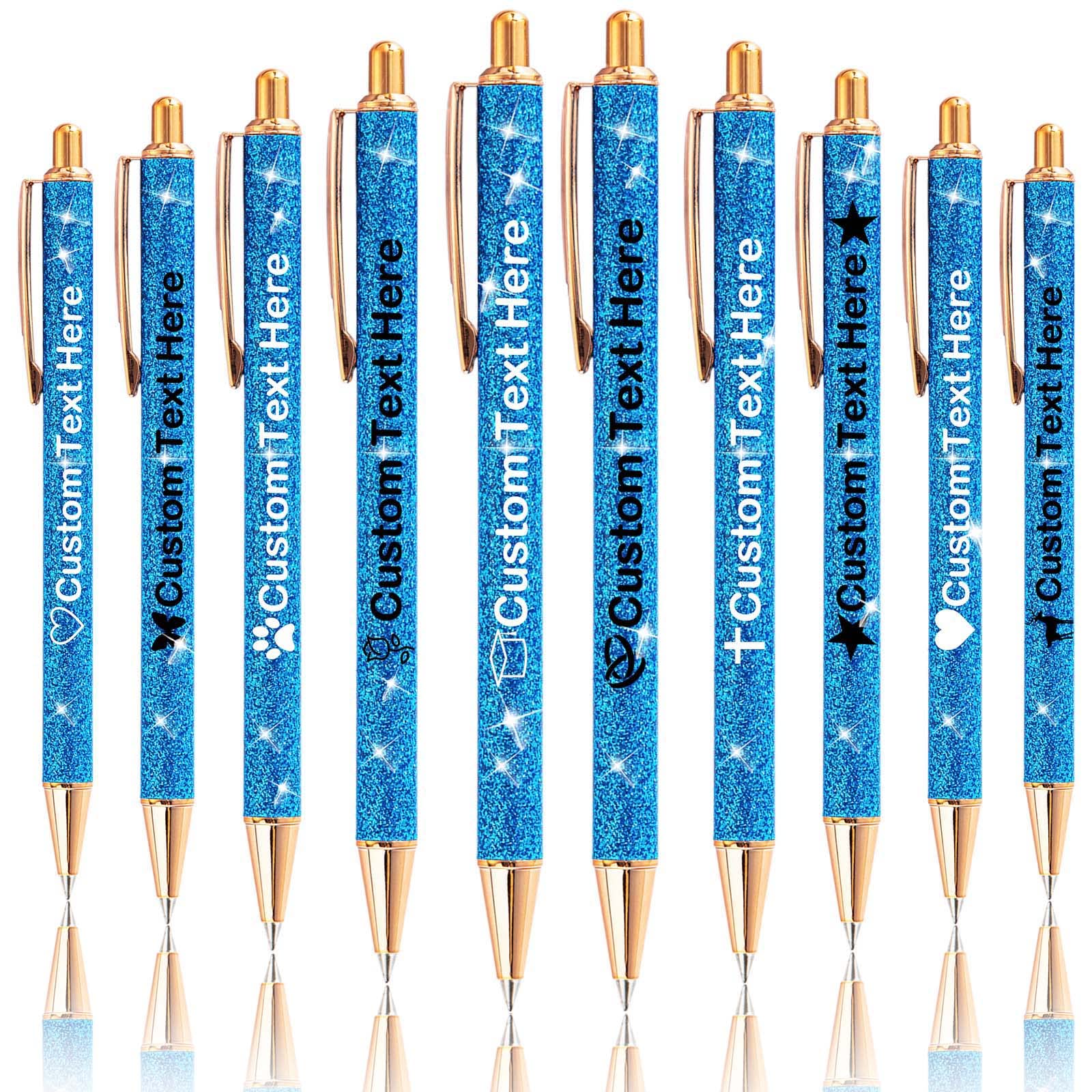 Xiuyours Personalised Pens for Women Custom Glitter Pen with Name Logo Imprinted, 10 Customised Sparkly Bling Ballpoint Pen Gift for Wedding Birthday Office Graduation, Blue