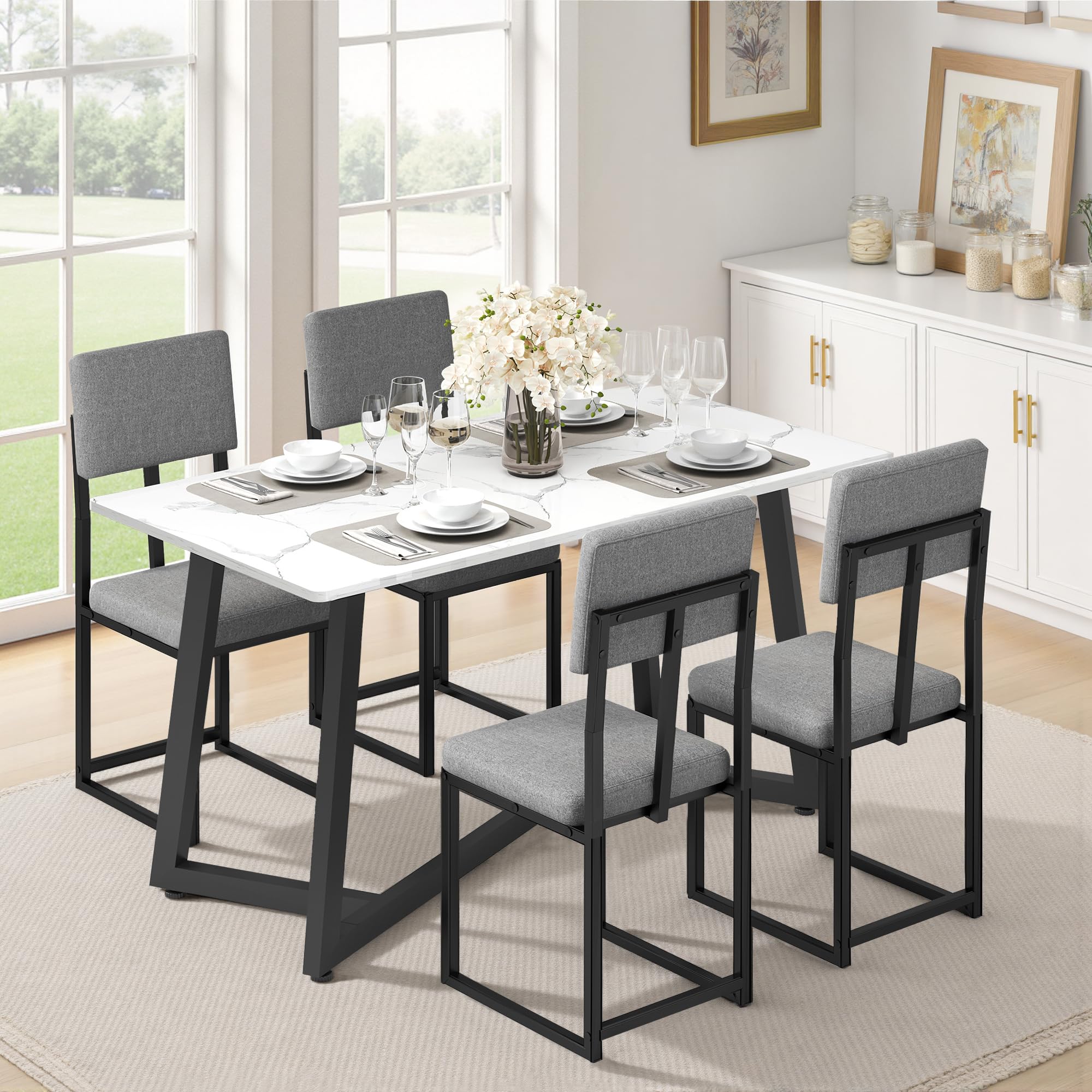 5-Piece Dining Table Set for 4, Faux Marble 47.24" Kitchen Table with 4 Linen Upholstered Chairs, Sturdy & Easy-to-Clean Small Dining Table Set for Apartments & Small Spaces
