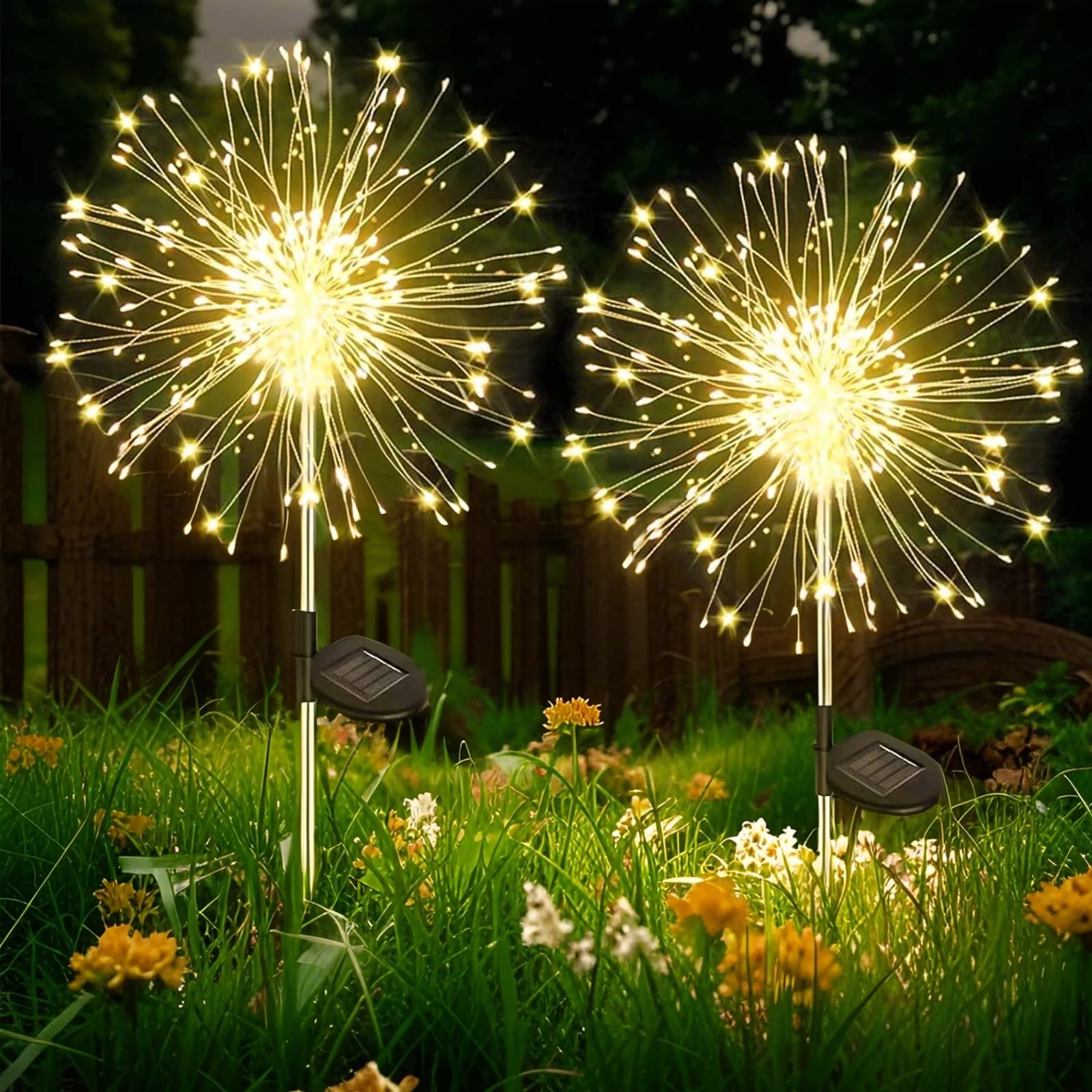 Hqynss Solar Firework Garden Lights 2 Pack, 120 LED Warm White Starburst Lights, 8 Modes