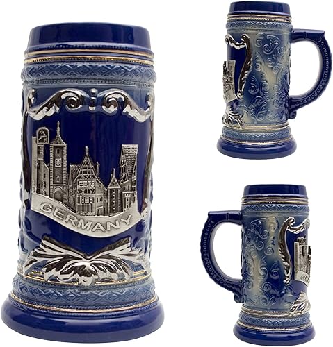 Miniatura 3 de Essence of Europe Gifts 0.6 litros  Oktoberfest Haus German Rothenburg - Jarro de cerveza con emblema de metal en un azul cobalto Bier Krug - Taza
