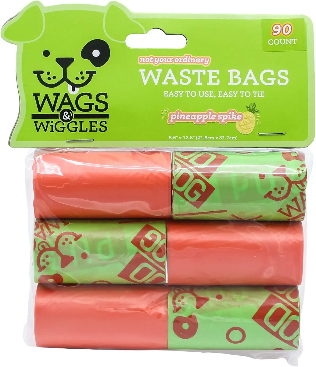 Wags &amp; Wiggles Large Scented Dog Waste Bags | Pineapple Scented Dog Poop Bags | Waste Bags for All Dogs, Great for Everyday Use and Dog Walking | 6 Rolls of Doggie Bags, 90 Count
