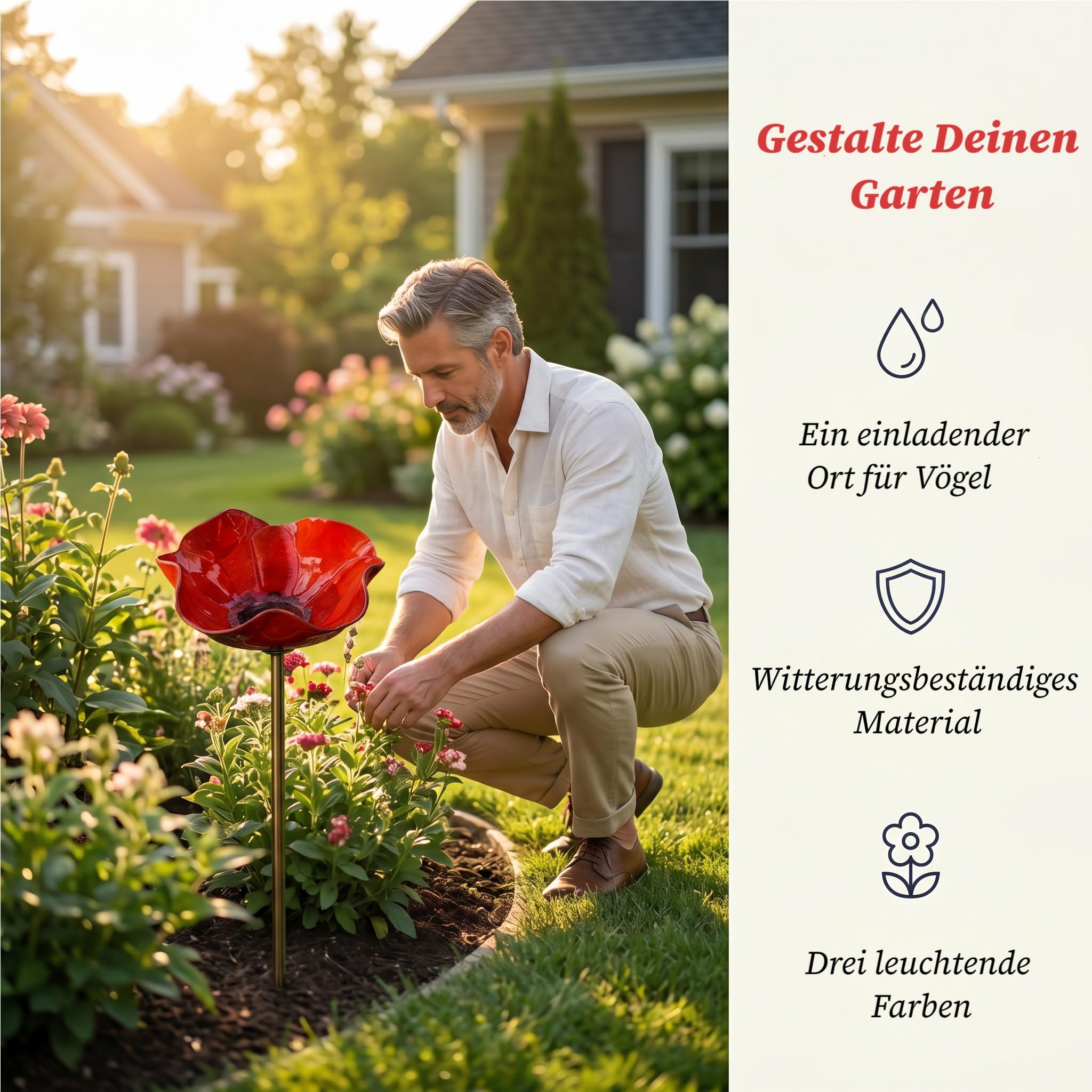 3 Stück Vogeltränke Blume aus Metall, Blumen Gartenstecker Vogeltränke, Handgefertigter Gartenstecke, Insektentränke Gartens, für Garten, Vögel, Bienen, Schmetterlinge (Rot, Gelb, Rosa)