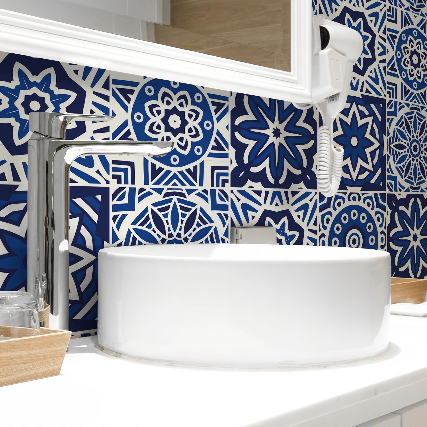 Alwayspon 12PcsX20cm/8inch Mandala Vinyl Wall Tile Sticker Transfer, Waterproof Sticky Back Tile Sticker for Kitchen Bathroom Self-adhesive Peel and Stick PVC Stick on Tile, Spanish Blue T56