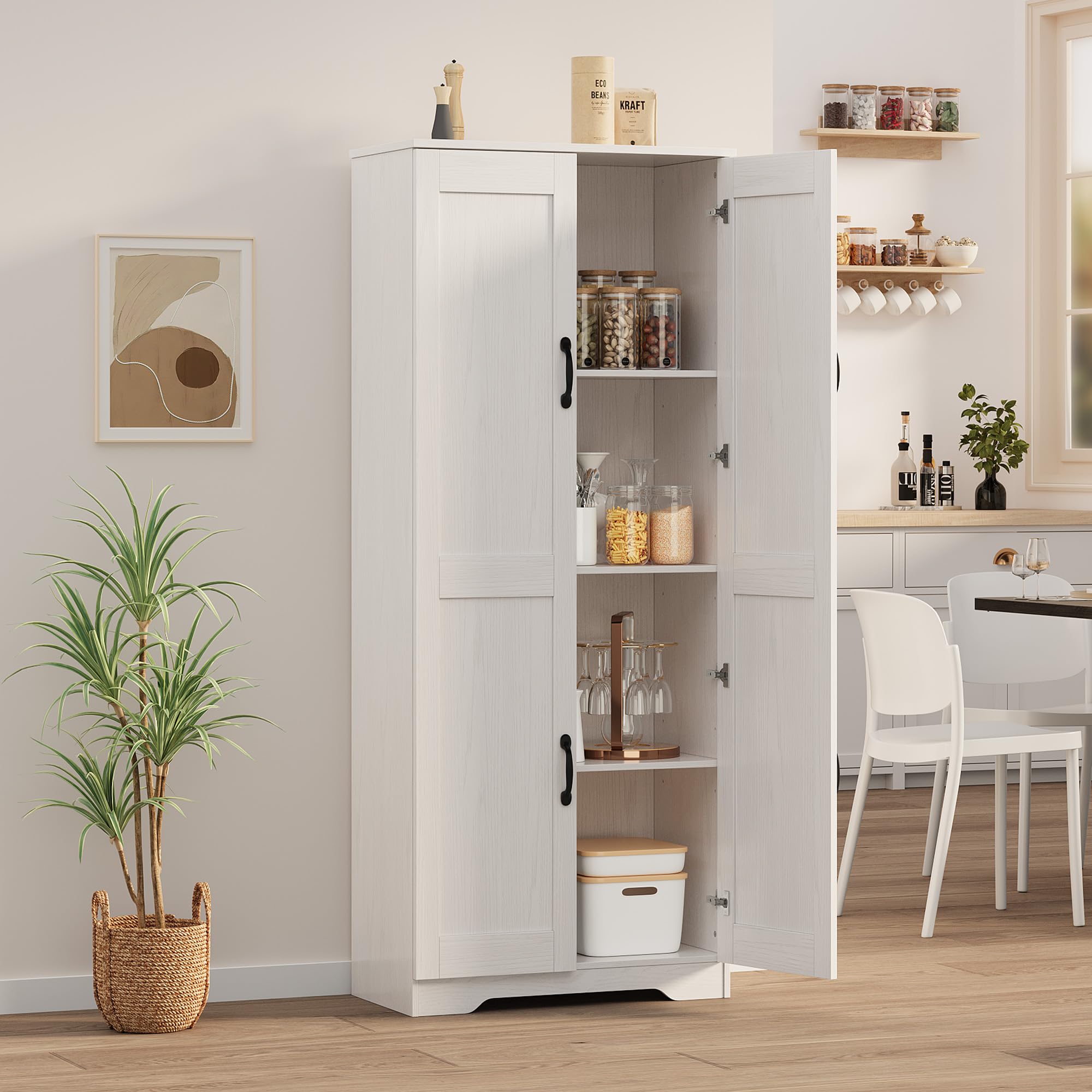 Tall Kitchen Cupboard, 4 Tiers Pantry Storage Cabinet with Adjustable Shelves, 2 Doors & Anti-tipping Kits, Modern Freestanding Wooden Sideboard Unit for Dining Living Room 60 x 30 x 152 cm White