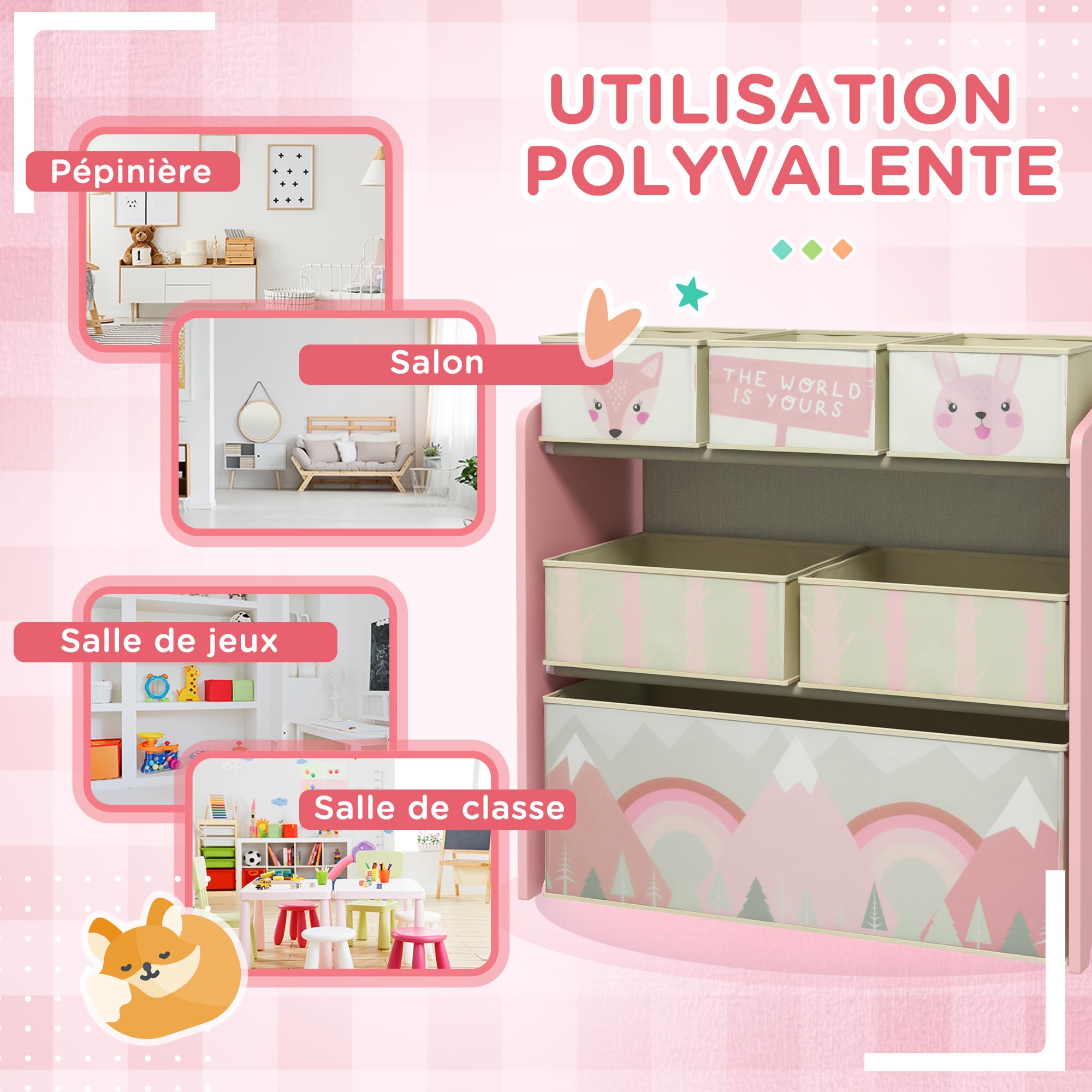 ZONEKIZ Meuble Rangement Enfant, Rangement Jouet Enfant, 6 boîtes Amovibles en Tissu Non tissé, bibliothèque, Organisateur de Jouets pour Salle de Jeu, garderie, école, 63 x 30 x 66 cm, Rose