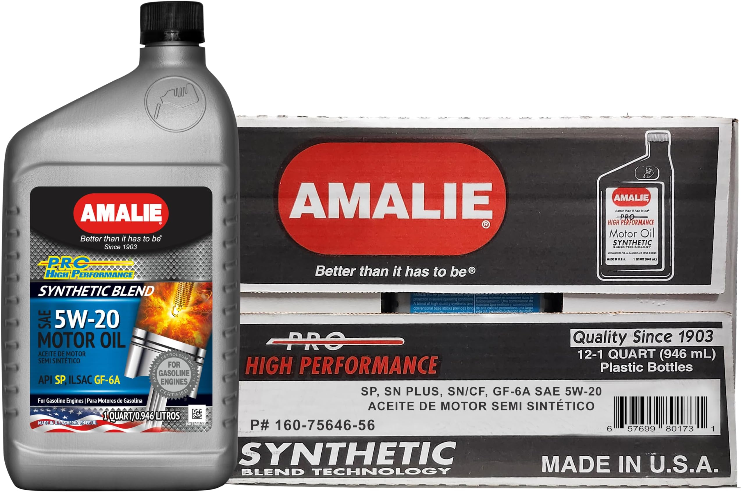 AmaliePro High Performance Synthetic Blend 5W-20 Motor Oil (160-75646-56) 1 Quart Bottle, Pack of 12