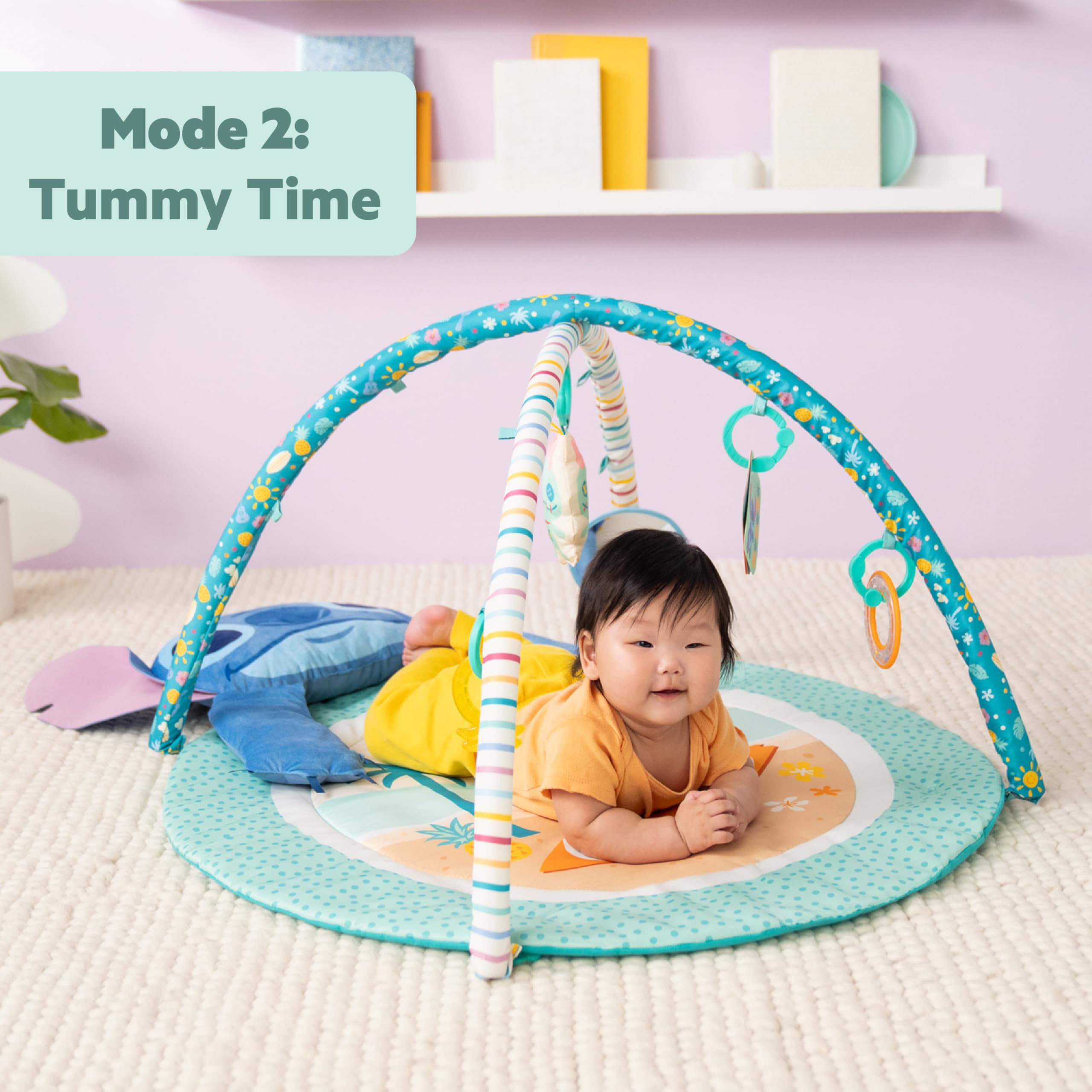 Bright Starts Disney Baby Stitch Party in Paradise - Palestrina multiattività con cuscino per tummy time e 5 giochi portatili, 0+ mesi