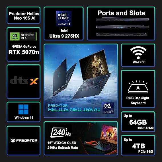 Acer Predator Helios Neo 16S AI Gaming Laptop 16 2560x1600 OLED 240Hz (100% DCI-P3) Intel 24-core Ultra 9 275HX 64GB RAM 2TB SSD GeForce RTX 5070 Ti DLSS4 (Up to 992 AI Tops) Win11 ICP Acc