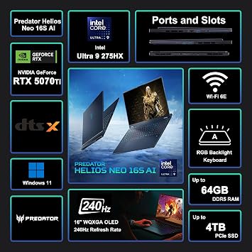 Acer Predator Helios Neo 16S AI Gaming Laptop 16 2560x1600 OLED 240Hz (100% DCI-P3) Intel 24-core Ultra 9 275HX 64GB RAM 2TB SSD GeForce RTX 5070 Ti DLSS4 (Up to 992 AI Tops) Win11 ICP Acc