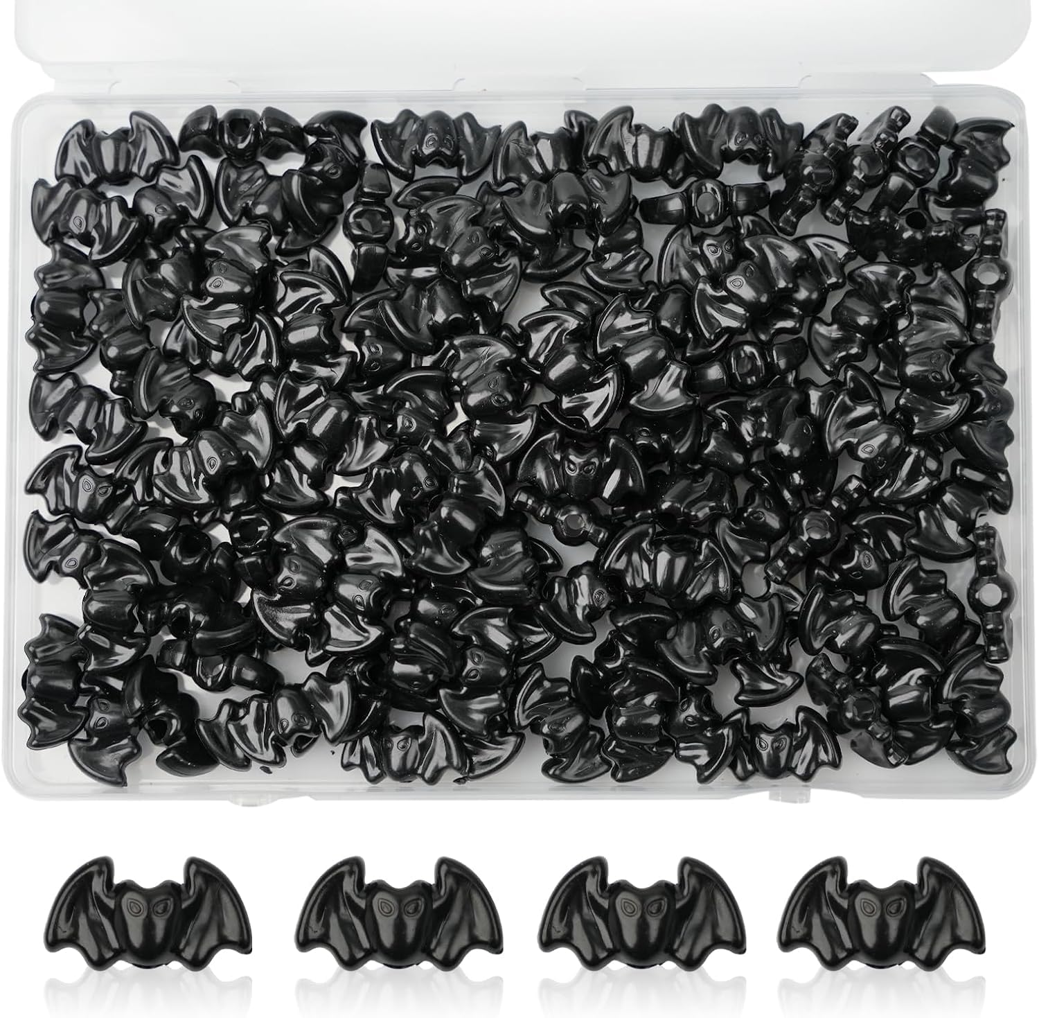 50Pcs Black Bat Pony Beads with Storage Box, 4mm Large Hole Plastic Charms for Gothic Jewelry, DIY Bracelets Necklaces Earrings, Halloween Party Decor & Keychain Accessories