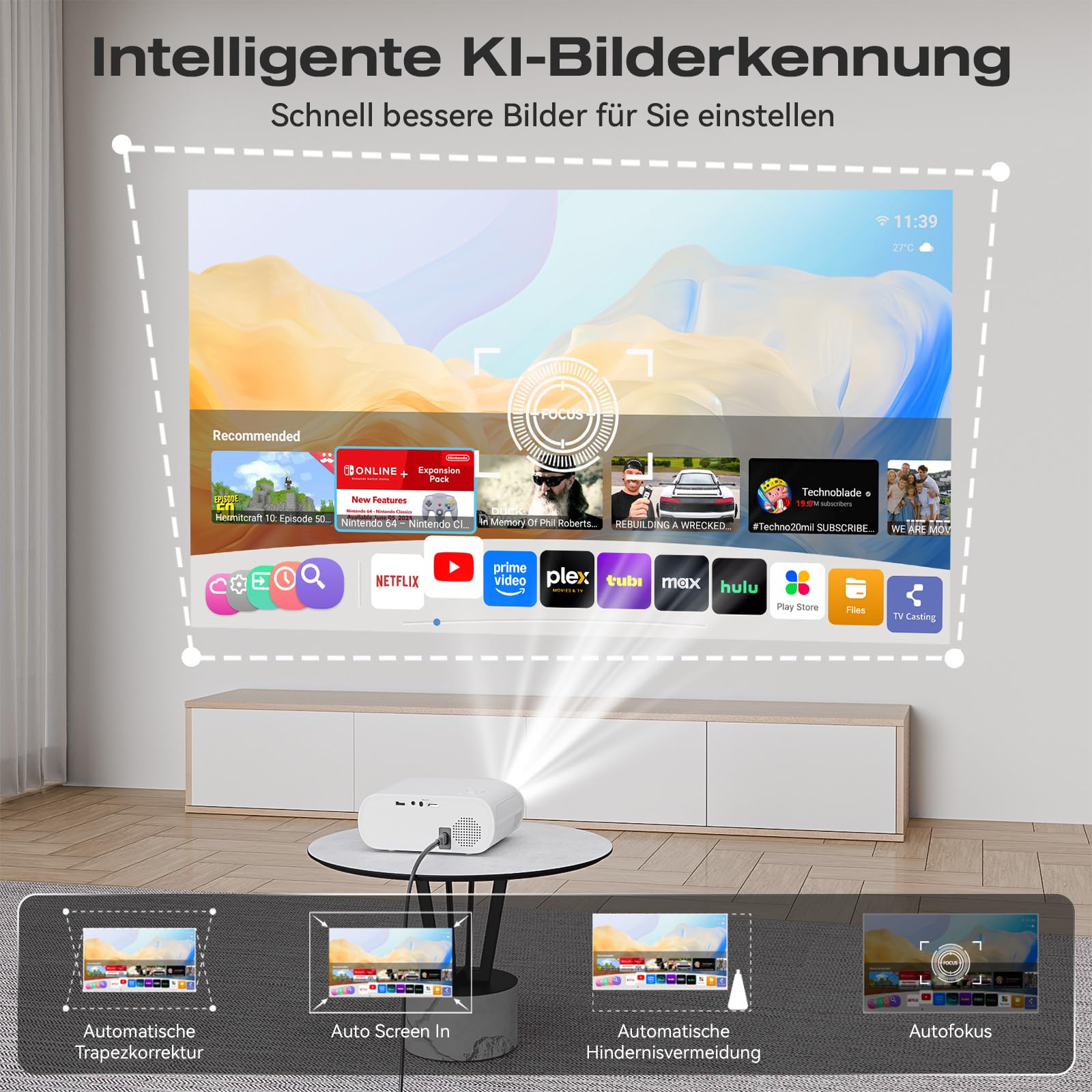 Mini Beamer 4K [Kompatibel mit Netflix & Offizielle Apps] 20000 Lumen Kurzdistanz Beamer mit Elektrischer Fokus/Trapezkorrektur, Android 13, 1080P FHD WiFi6 Bluetooth Smart Projektor für Schlafzimmer