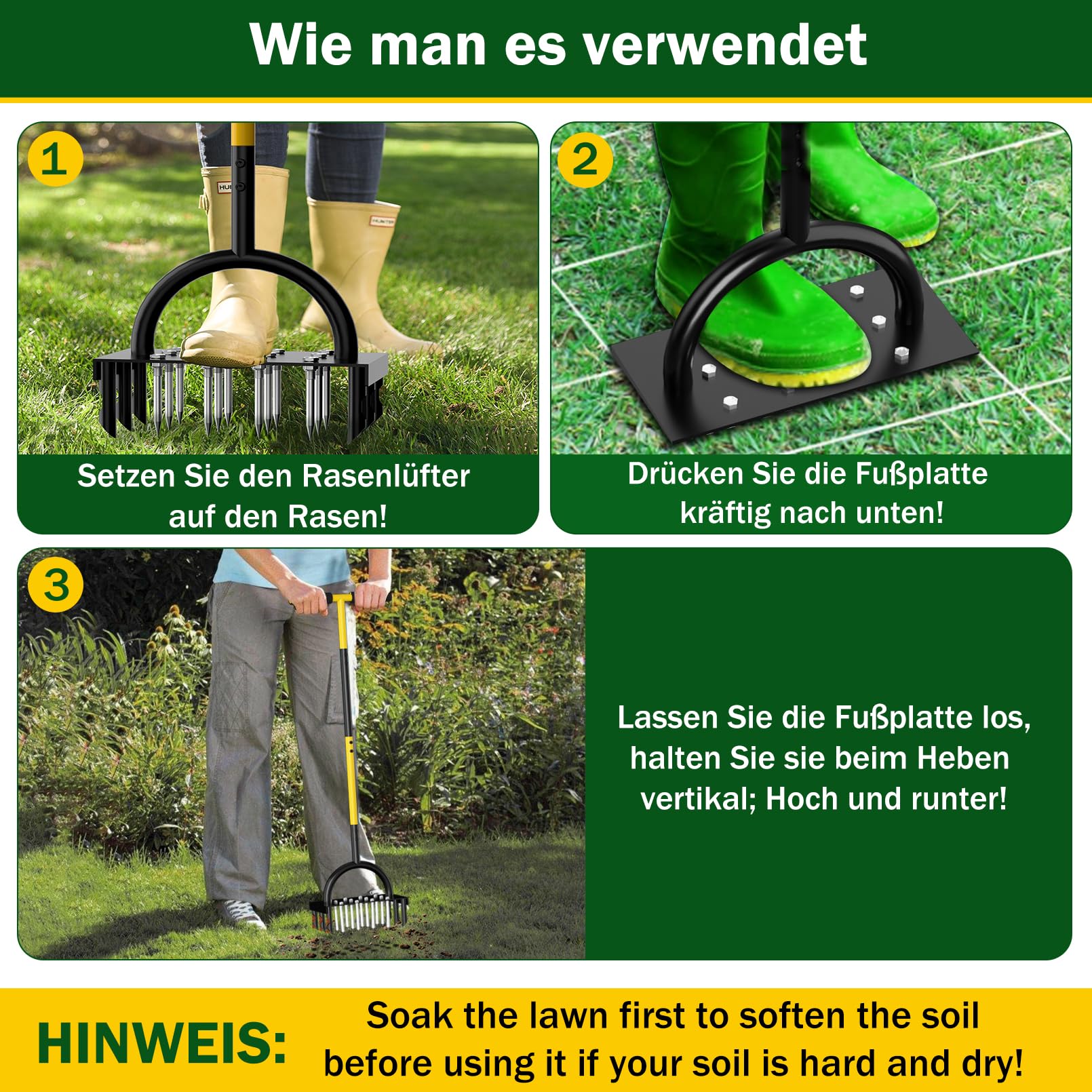 2-in-1 Rasenlüfter,Aerifizierer für Rasen Hohlspoon mit 18 Spikes