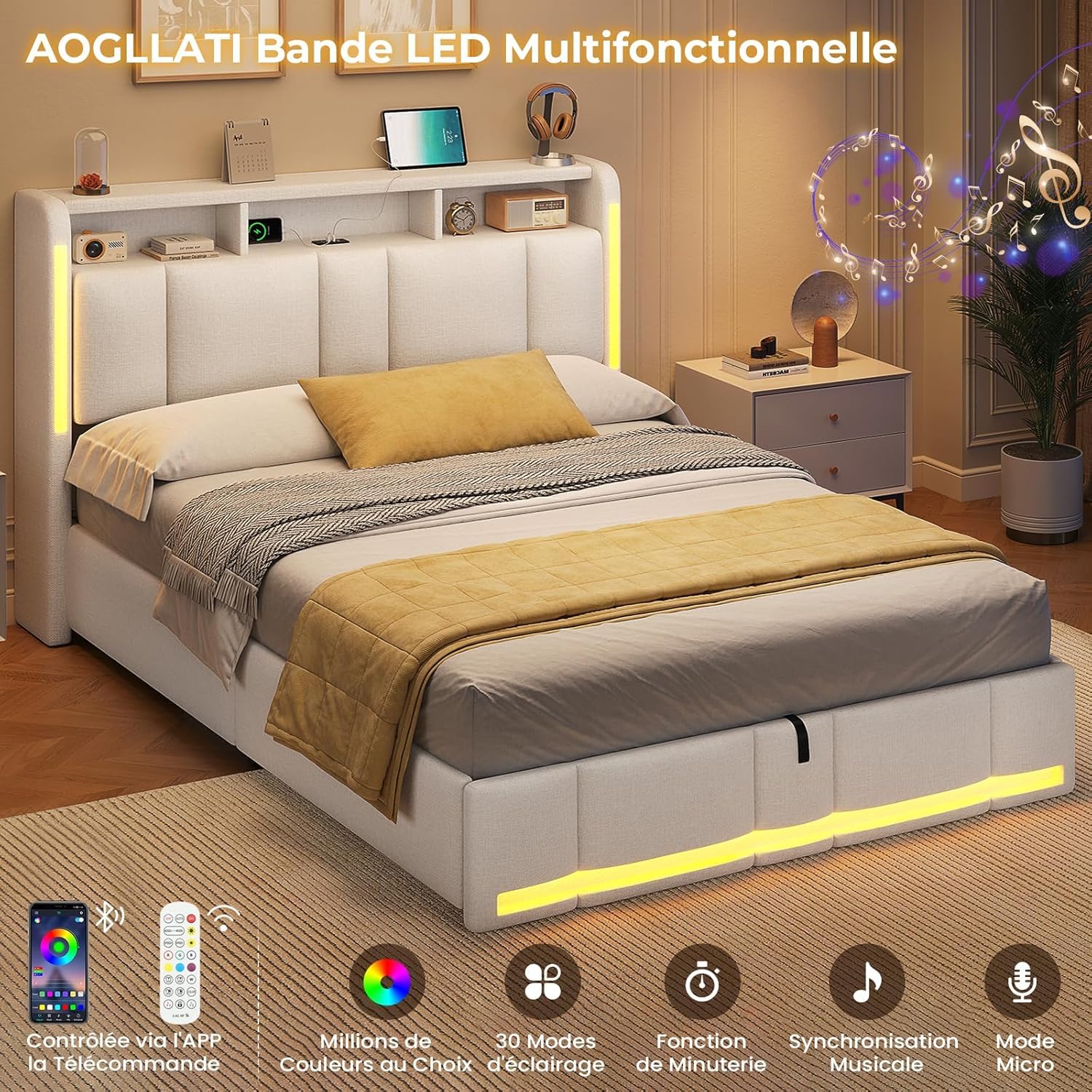 AOGLLATI Letto Matrimoniale con Contenitore 140x200 cm, Struttura Letto Matrimoniale con Illuminazione a LED e Stazione di Ricarica, Letto Imbottito con Sollevamento Idraulico e Testiera, Beige