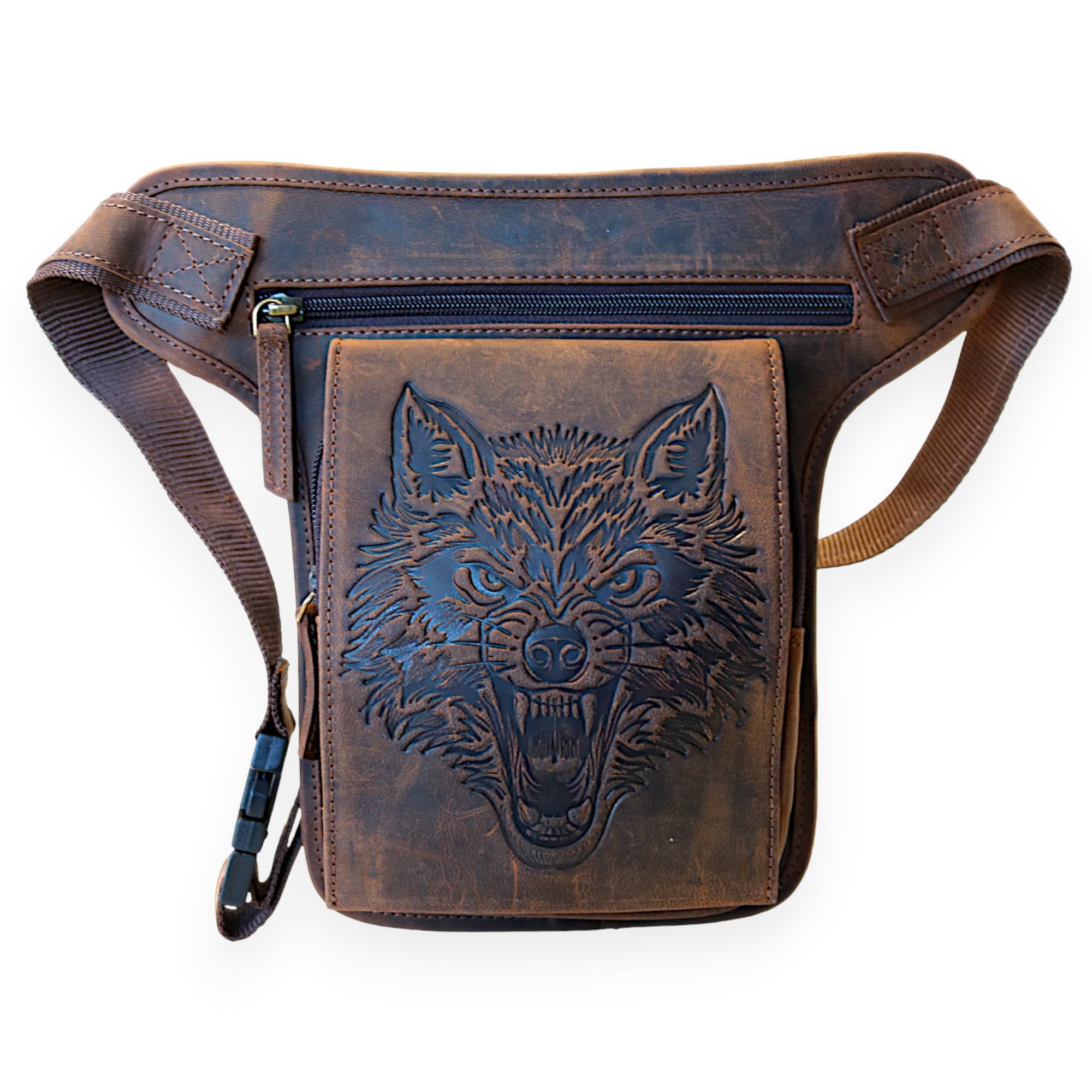 MDM Herren Motorrad Vintage Beintasche mit Oberschenkel Gurt Wolf Motiv (Braun)