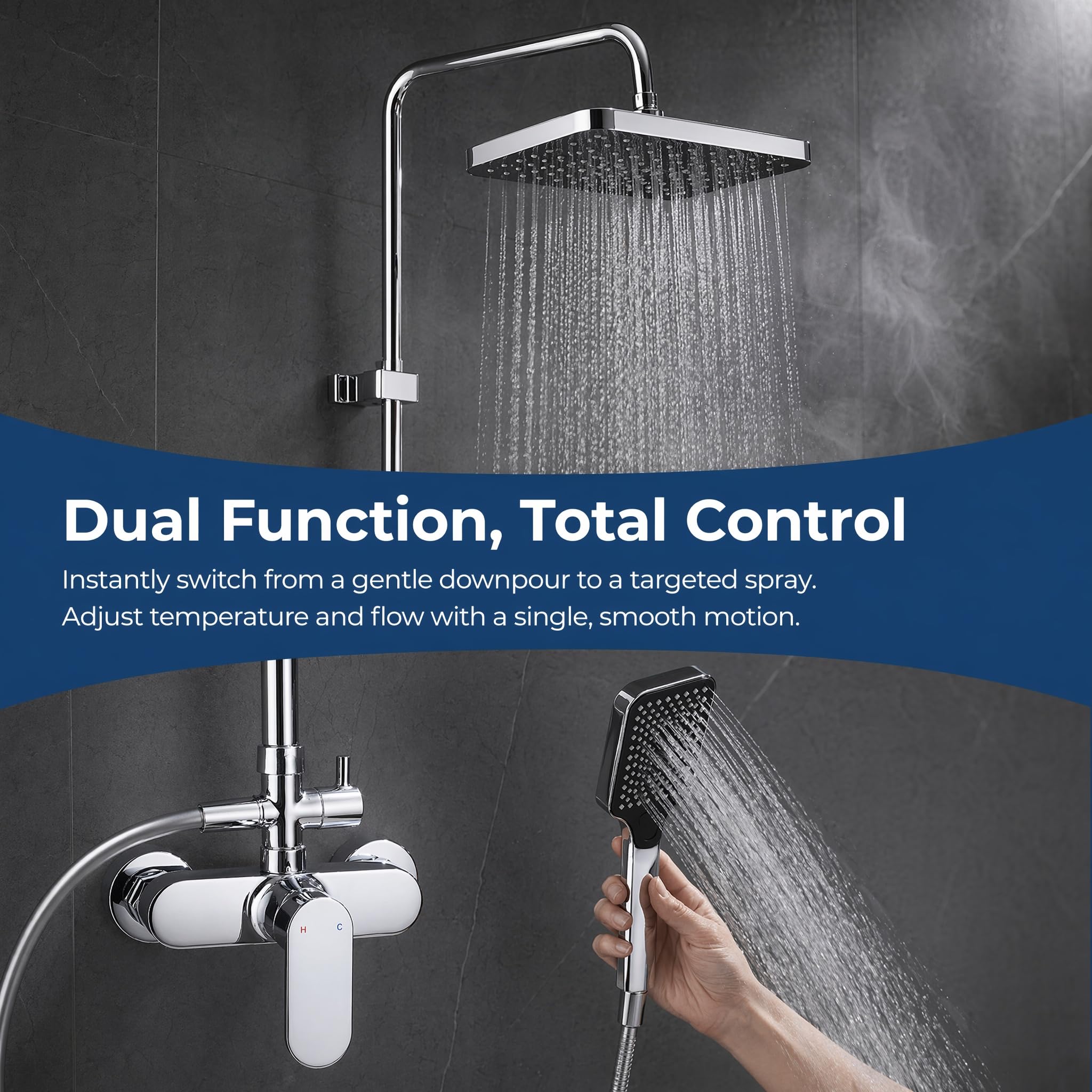Duschsystem ohne Thermostat mit Armatur, Aufputz Duschset höhenverstellbar 85–120 cm, große Regendusche 30 × 19 cm, Handbrause mit 3 Strahlarten, Chrom Duscharmatur Komplettset