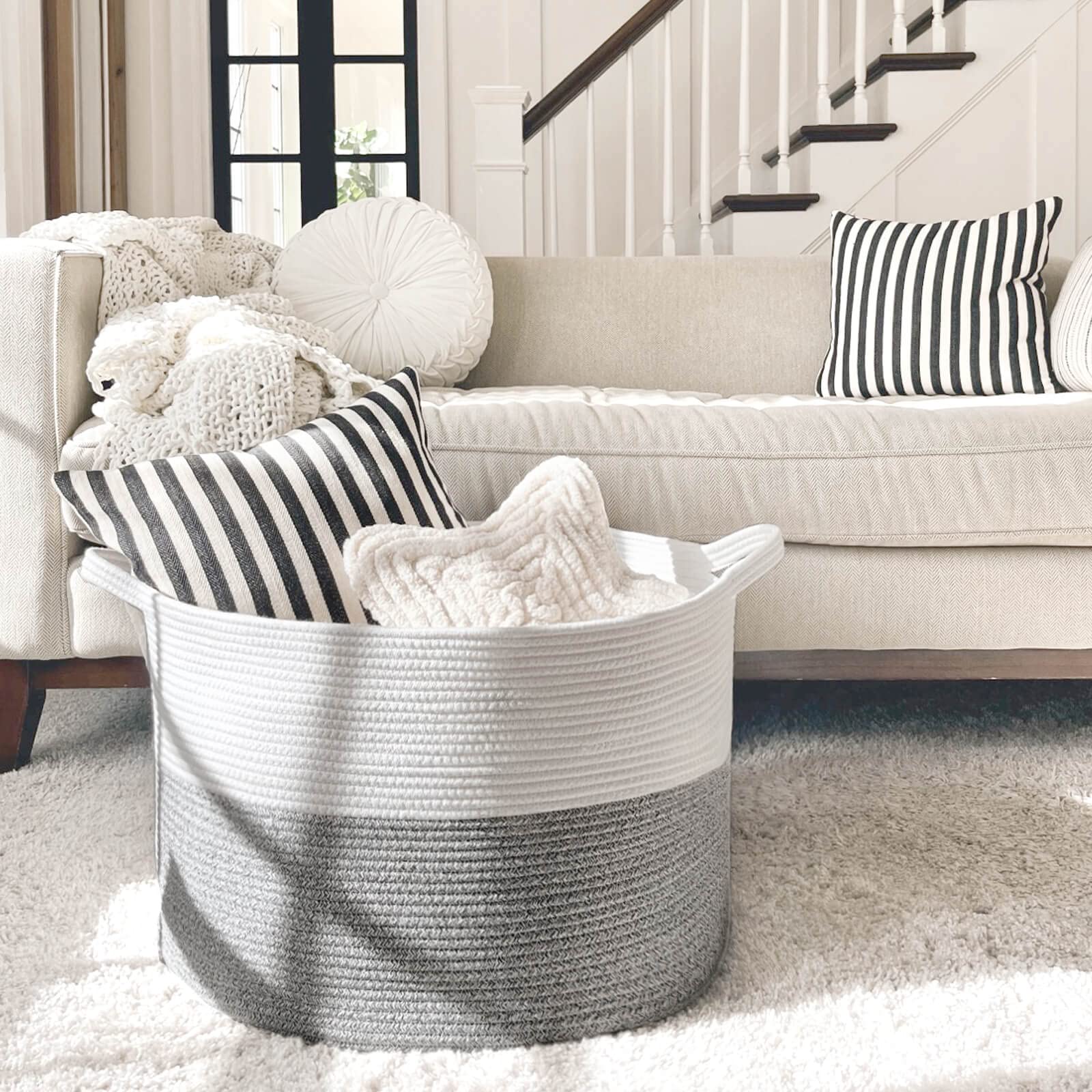 INDRESSME Large Storage Basket, 21.7'' x 13.8'' Cotton Rope Blanket Basket Living Room, Toy Organizers and Storage with Handles for Kids, Laundry Basket for Clothes, Towel, 90L Grey