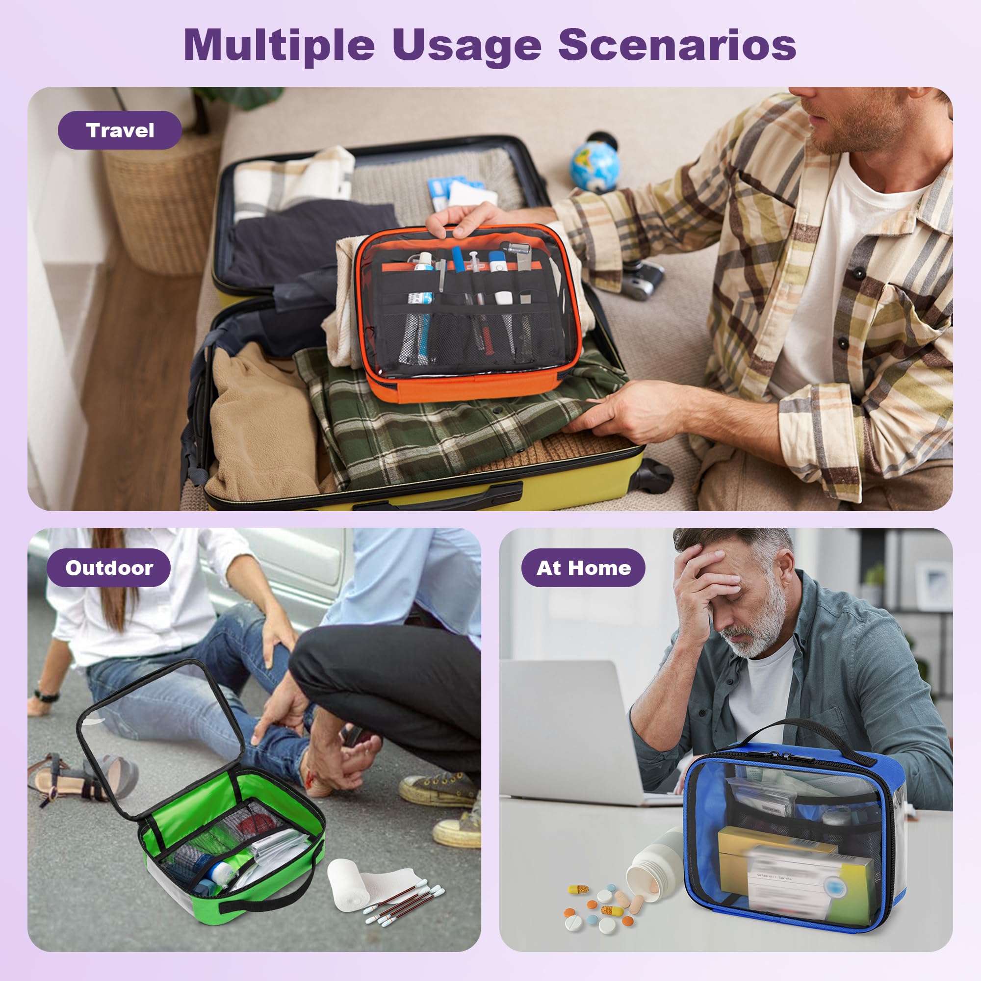 Trunab 4 kits de primeros auxilios vacíos, fundas transparentes con cremallera para organizar medicamentos y suministros para el hogar, el exterior y el coche (solo bolsa)
