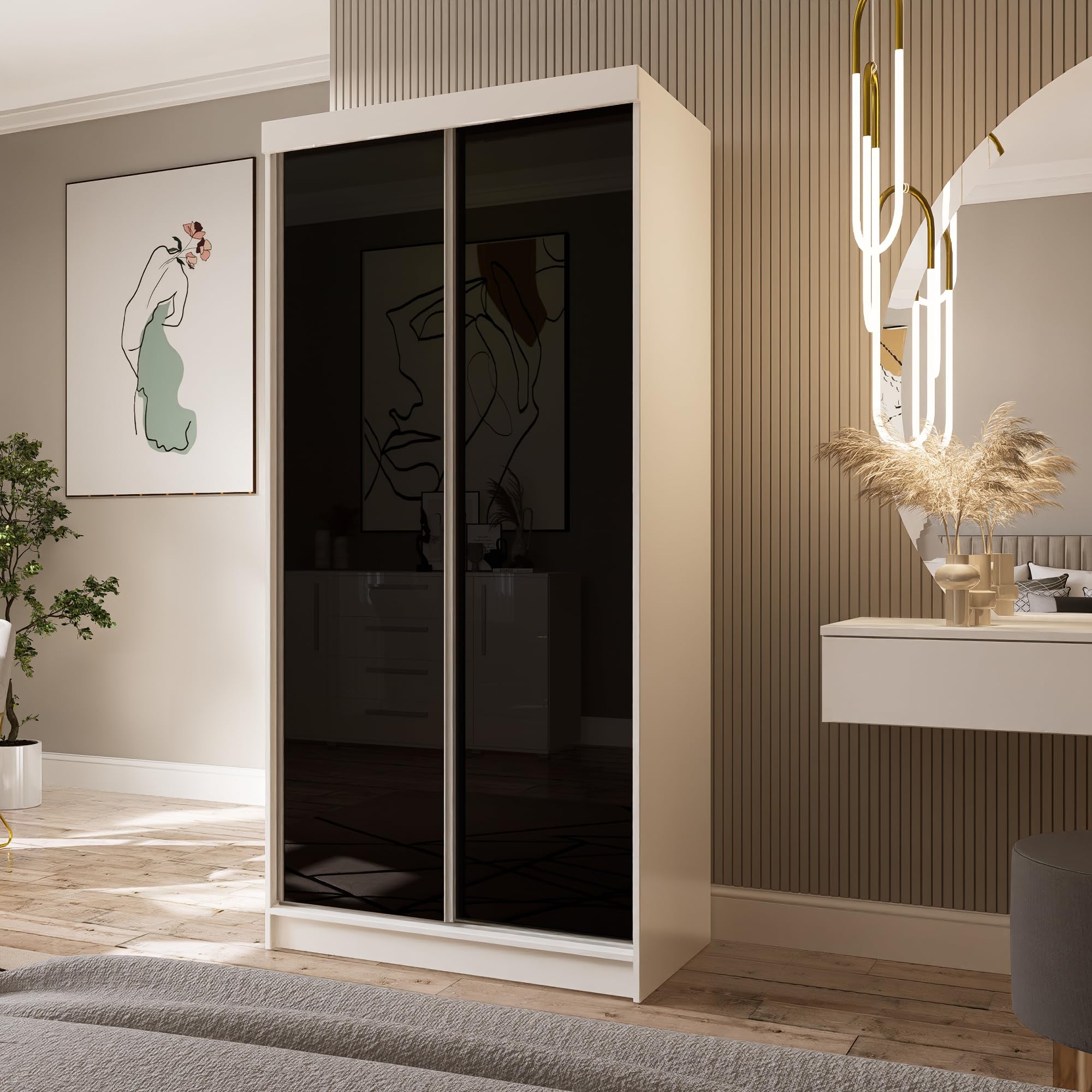 Zweitüriger Kleiderschrank 100 cm breit mit Schwebe & Schiebetüren Eckkleiderschrank Garderobenschrank Schlafzimmerschrank Dielenschrank Systemschrank Hochglanz Schrank