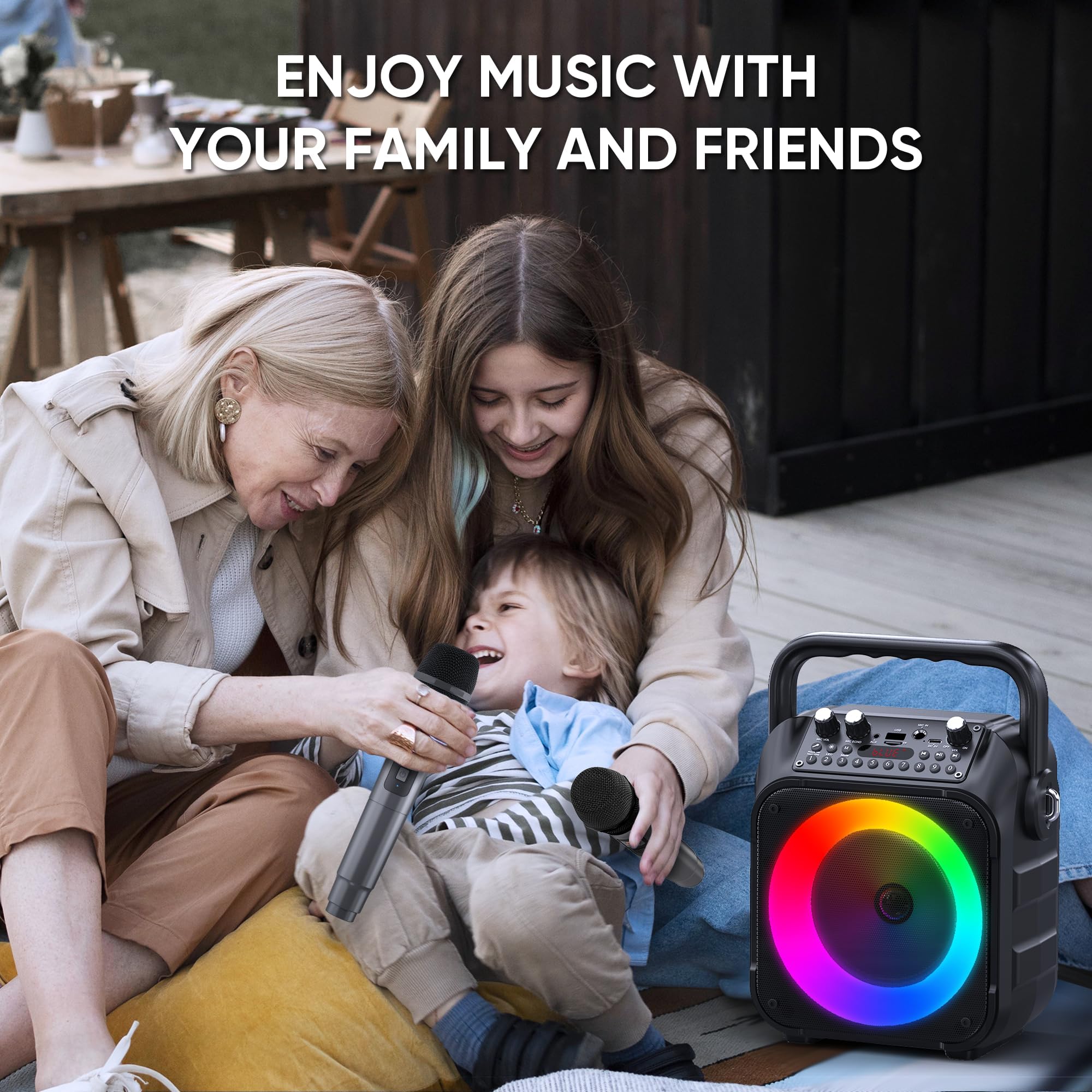 Karaoke, Altoparlante Portatile Bluetooth per Adulti con 2 Microfoni Senza Fili, Sistema PA per Adulti e Bambini con Luci LED per Feste (Nero)