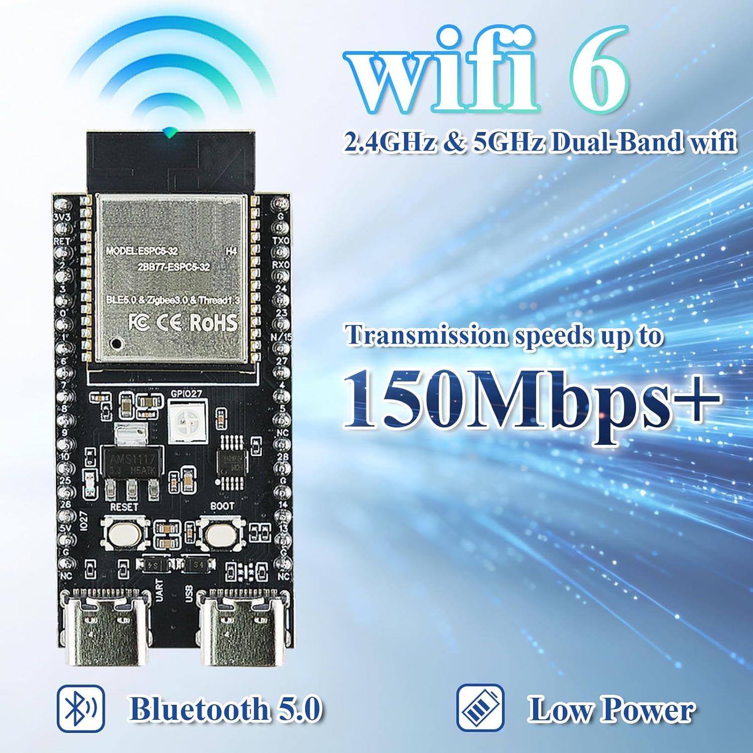 3PCS ESP32-C5 Development Board | RISC-V Single-Core Dual-Band Wi-Fi 6 & Bluetooth 5, Thread & Zigbee, with 4MB Flash 32Pin Type-C & CH340, ESP32-C5 Devkit for Arduino