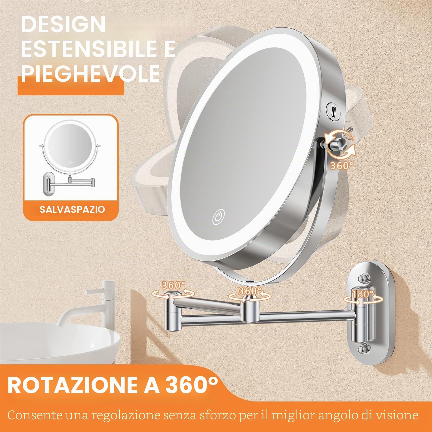 Auxmir Specchio Trucco con Ingrandimento 30X/1X, Specchio da Parete a 54 LED 3 Colori di Luce, Specchio Estensibile, Rotazione a 360°, Alimentato da Batterie Ricaricabile 3200mAh, per Bagno Hotel Spa