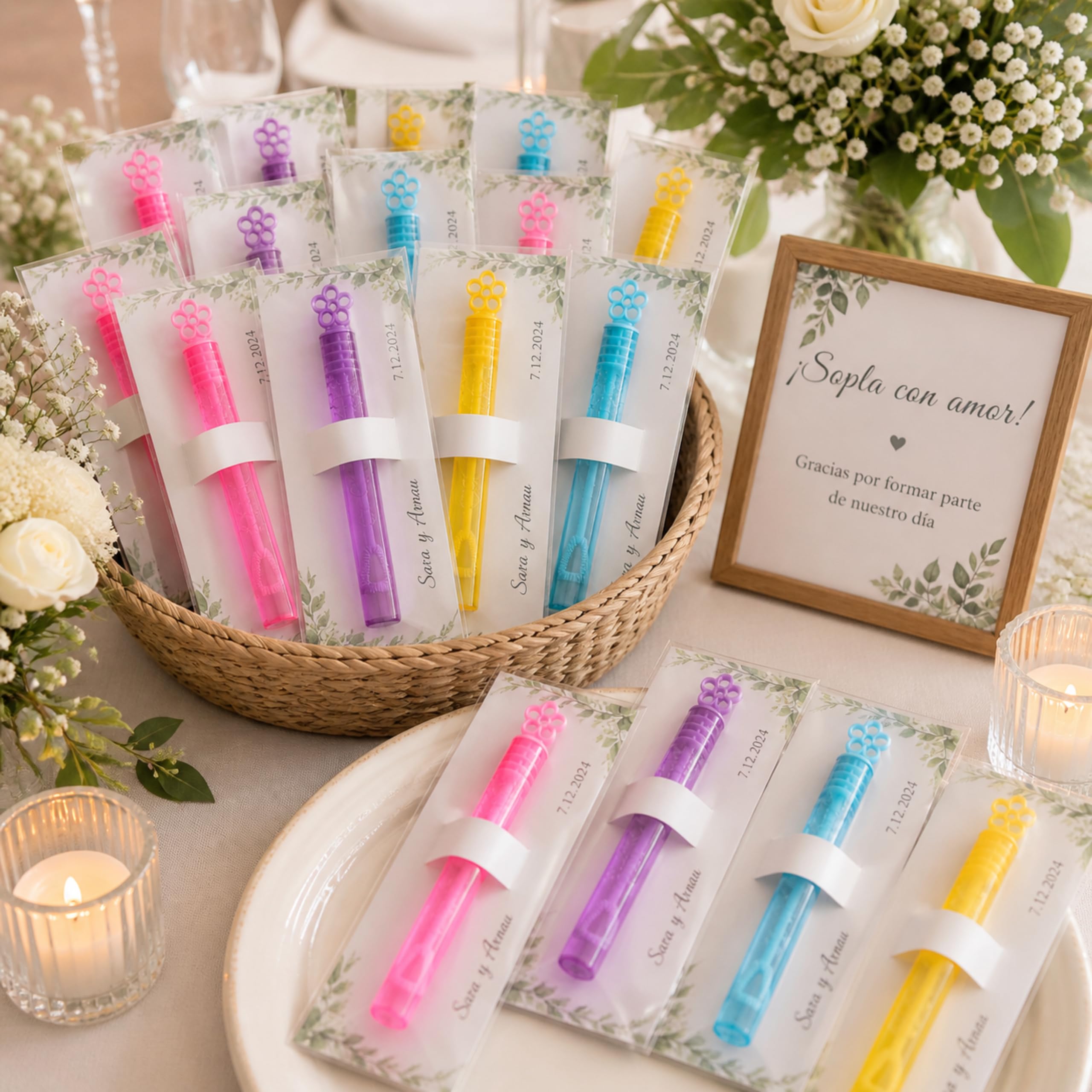 Pack de 32 Pomperos Personalizados para Eventos - Pompas de Jabón para Bodas, Bautizos, Comuniones y Cumpleaños - Detalles de Invitados Personalizables - colores surtidos