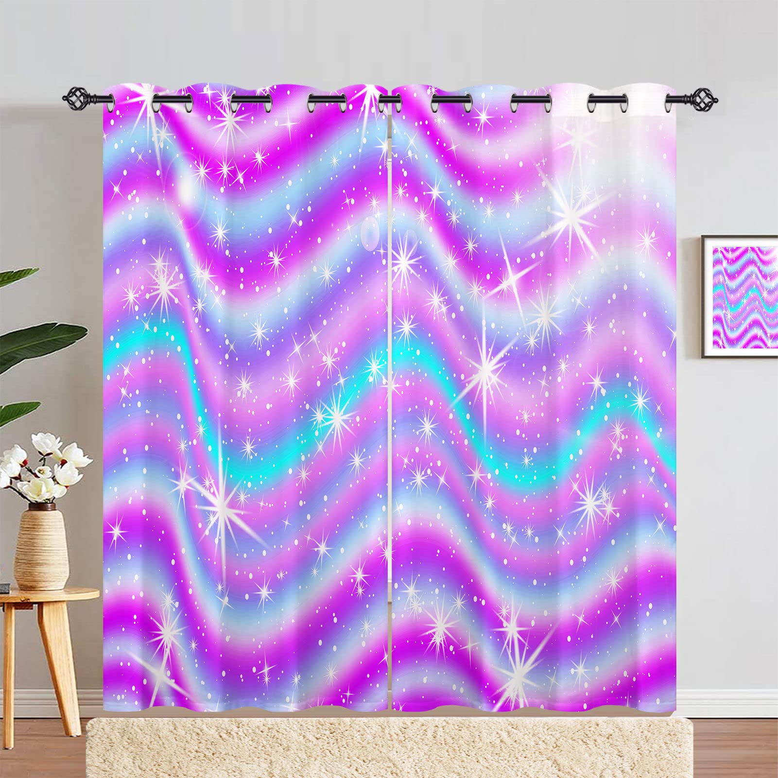 ANHOPE Colorful Curtains Eyelet 80% Blackout Curtains with Rainbow Galaxy Print Pattern Thermal Soundproof Privacy Decorative Window Drapes for Kids Girls Bedroom Living Room 55 x 72 Inch 2 Panels