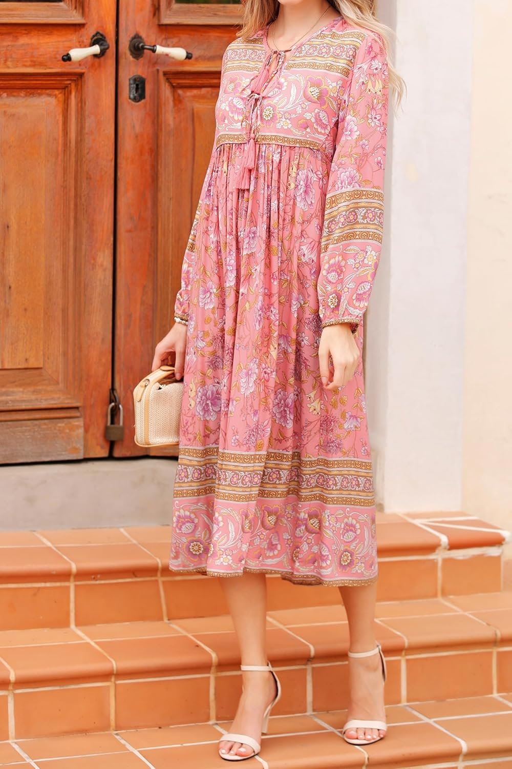 Women's Summer Floral Printed Casual Midi Dress 2025 Bohemian Cotton Tie Neck Long Sleeve Flowy Vacation Dresses - Image 5