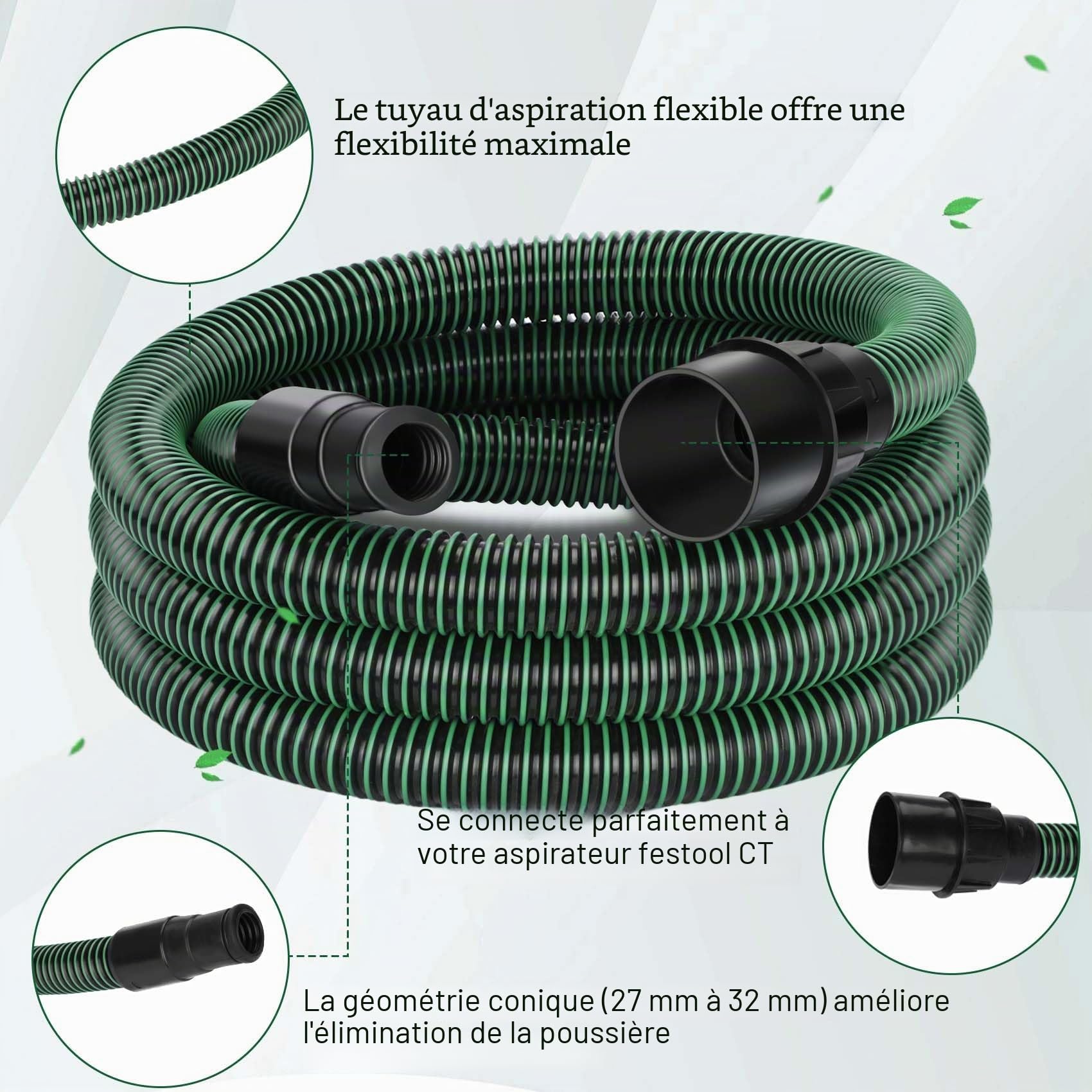 Tuyau d'extraction de poussière pour tuyau d'aspiration Festool D27/32 x 5 m, compatible avec Festool CT 26/36/48 CT 15/25 CT MINI et CT MIDI à partir de 2019