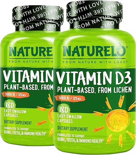 NATURELO Vitamina D - 5000 UI - A base de plantas a partir de liquen - Suplemento D3 natural para el sistema inmunológico, apoyo óseo, salud de las