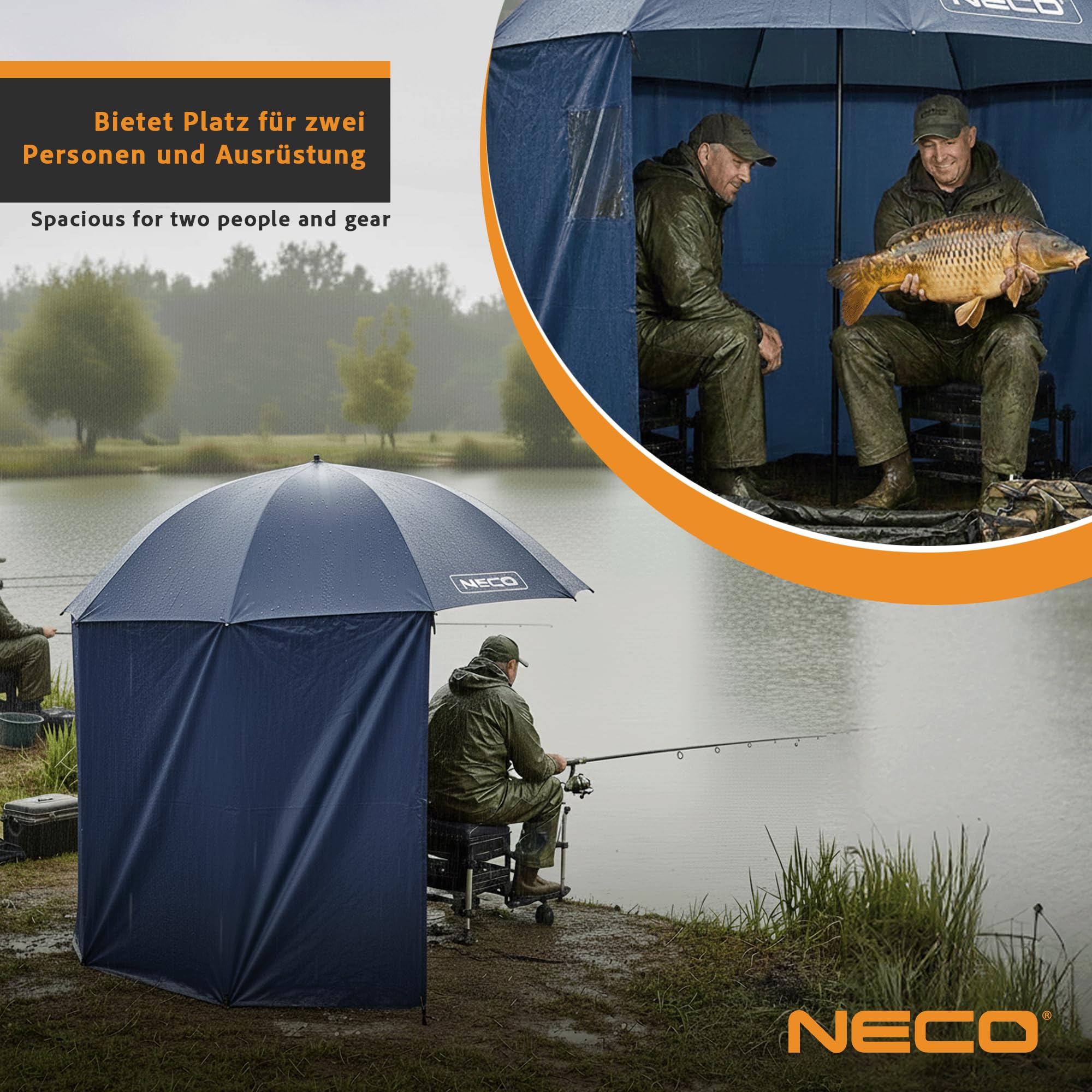 NECO Angelzelt 220 cm – Wasserdicht, mit Seitenwand, Zwei Fenster, Höhenverstellbar, Neigungsverstellbar, mit Heringen und Tragetasche