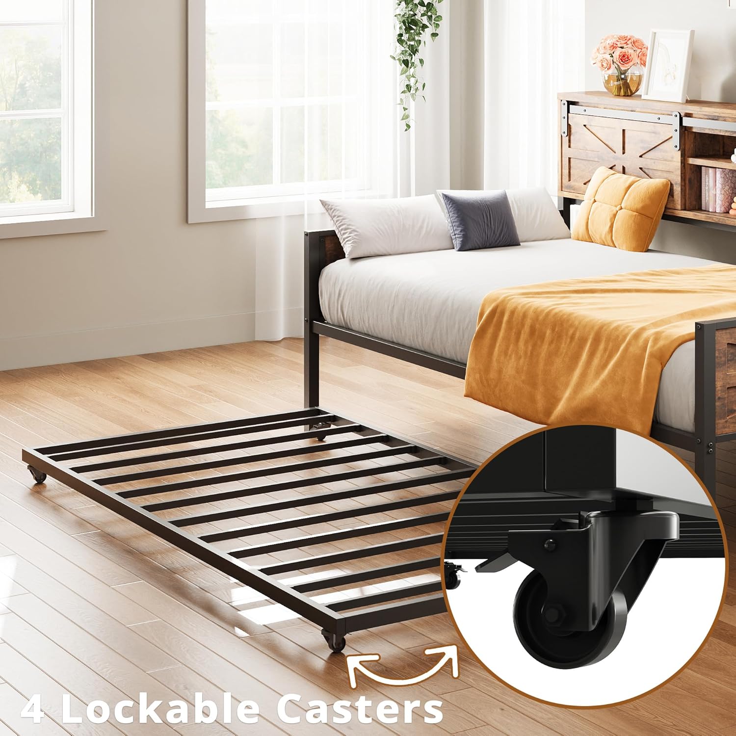 LIKIMIO Daybed with Trundle Bed, Sofa Bed Twin with Charging Station, with Storage Headboard & Strong Support, for Living Room, Bedroom and Guest Room, Industrial Brown