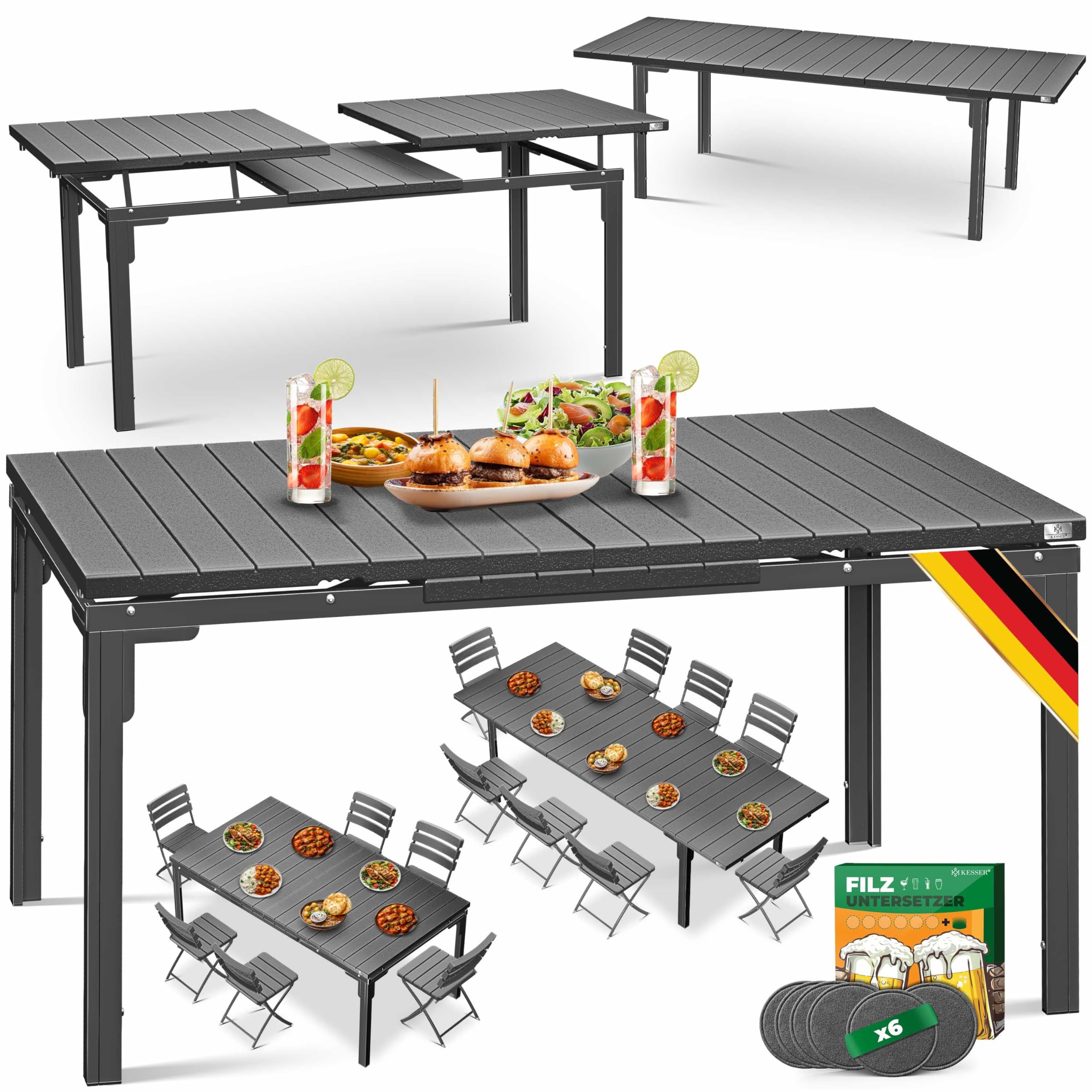 KESSER® Mesa extensible de jardín extensible 180/240 x 90 cm para hasta 8 personas, mesa de comedor para jardín y terraza, resistente a la intemperie y a los rayos UV, patas con revestimiento de polvo