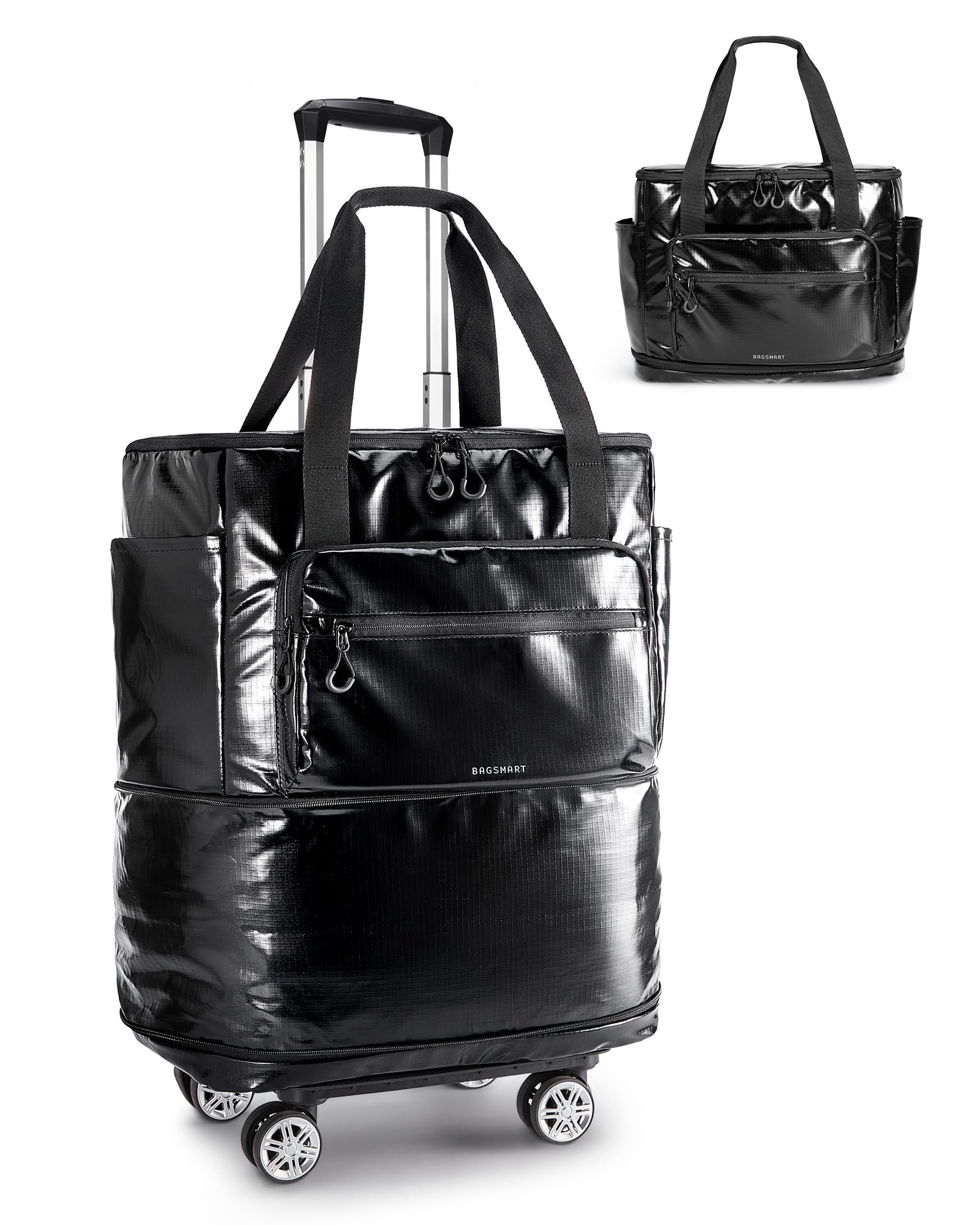 Rolling Duffle Bag with Wheels, 48L Expandable Carry on Luggage Bag, Large Tote with Detachable Wheels for Travel Grocery Moving, Black