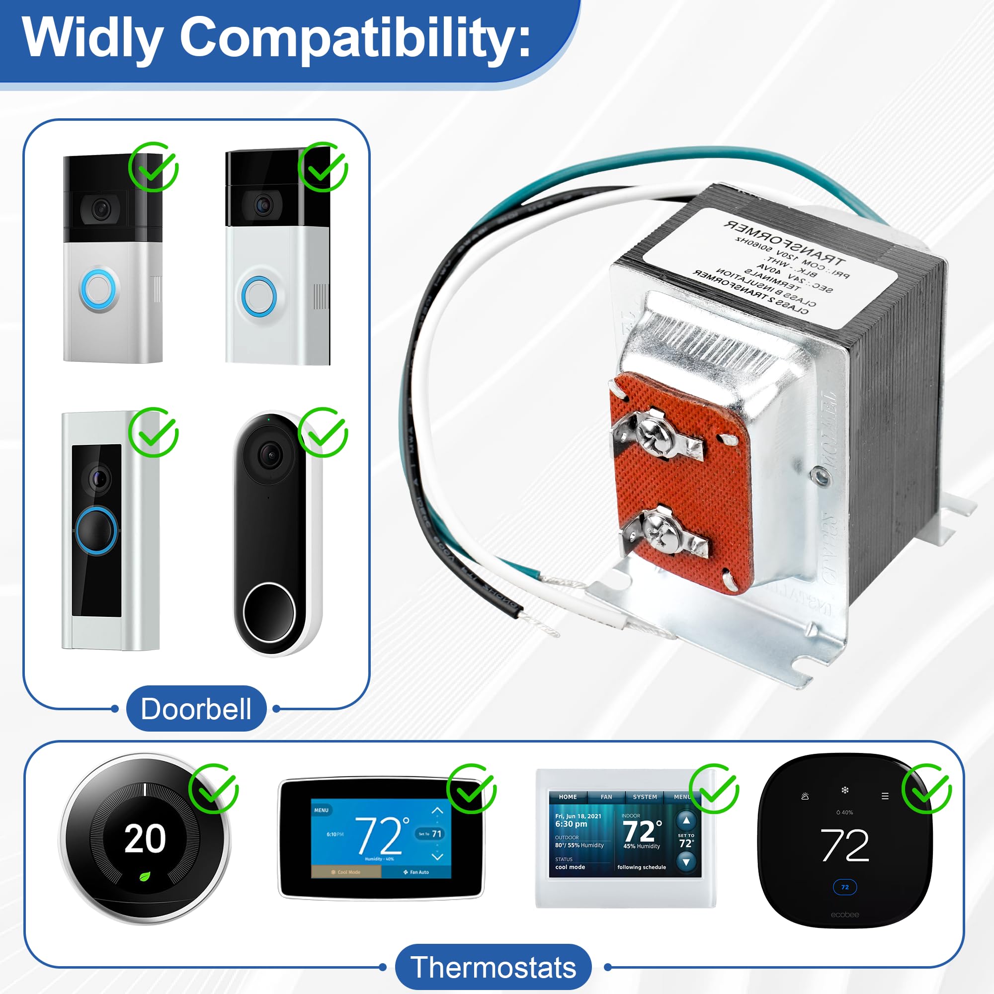 18V 500mA deurbel transformator, video deurbel voeding voor alle versies van Ring Doorbell, Nest Hello en Arlo, Eufy, Wyze video deurbel, 8M (315) lange kabel
