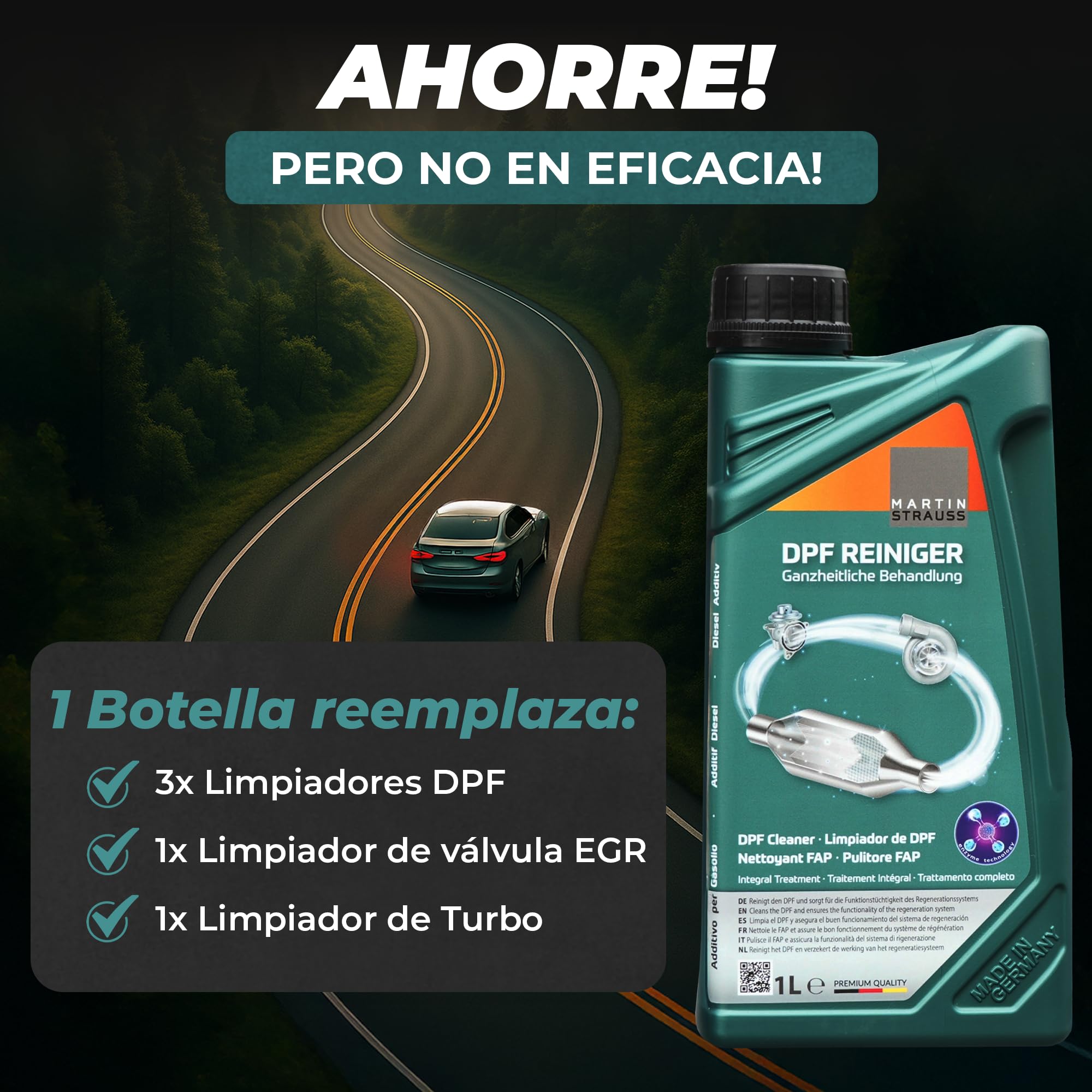 Limpiador DPF/FAP, Tratamiento Integral curativo del Filtro de partículas Diesel y su Sistema, EGR + Turbo, 3 Dosis, 1 Litro