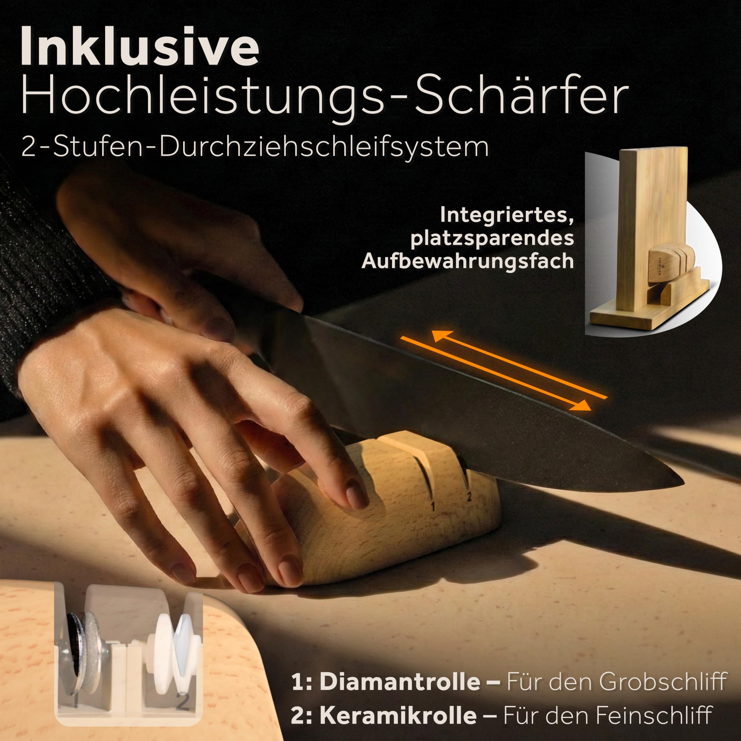 ZWIEGER Messerblock mit Messer 8-teiliges Set – Messerset aus Edelstahl 52 HRC – Küchenmesser Set mit Block im offenen Holz-Design inkl. Schärfer mit interner Rollentechnologie und Küchenschere
