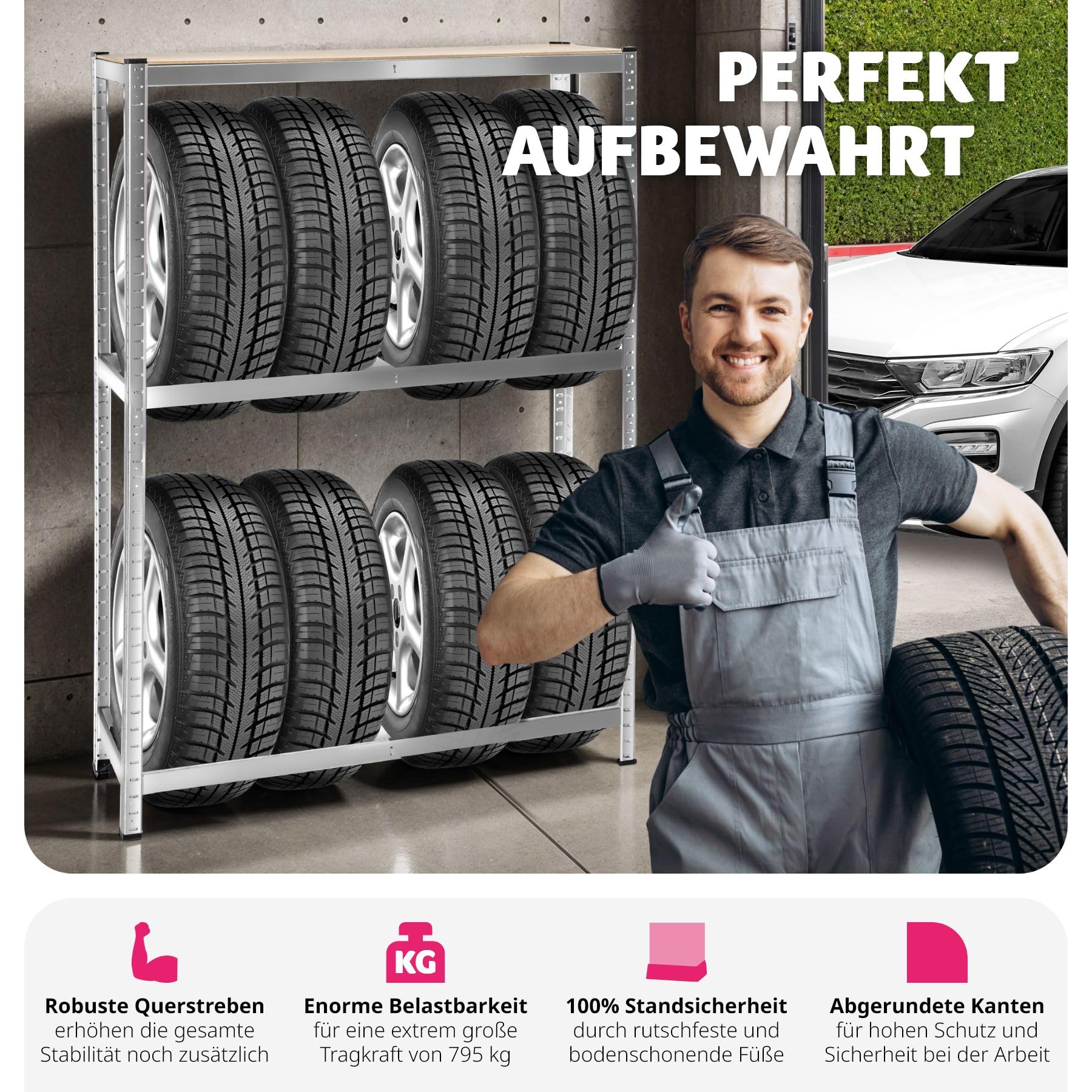 tectake® Reifenregal bis zu 8 Reifen aus Metall, Regal für Keller oder Garagen, Werkstatteinrichtung, für Autoreifen Aufbewahrung, Lagerregal 180x120x40cm, Reifenständer, Schwerlastregal, Felgenbaum
