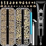 Multifunctional Rhinestone Kit - Gold Glass Nail Charms & Beads (2-5mm), UV/LED Gel Glue with Dotting Tools