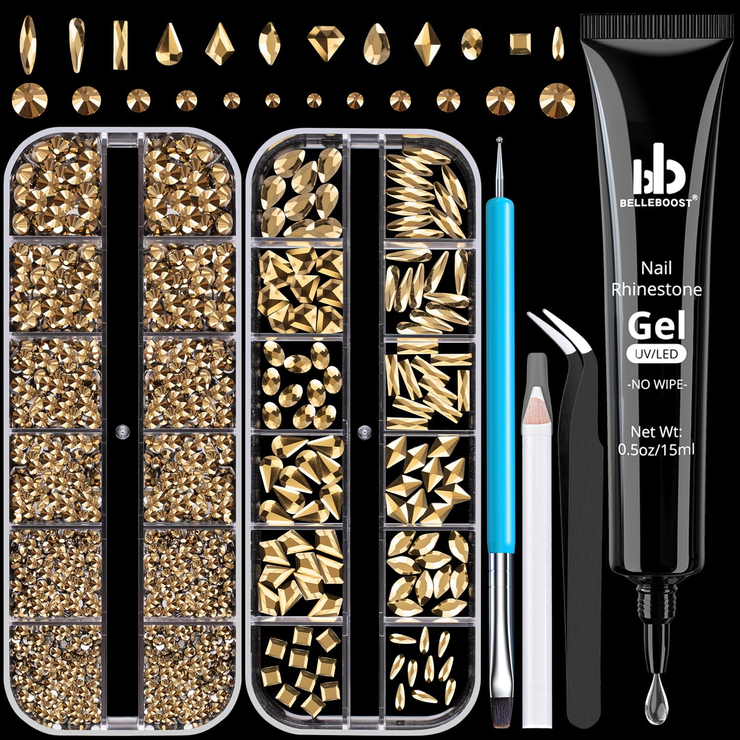 Multifunctional Rhinestone Kit - Gold Glass Nail Charms Beads 2-5mm UV LED Gel Glue with Dotting Tools
