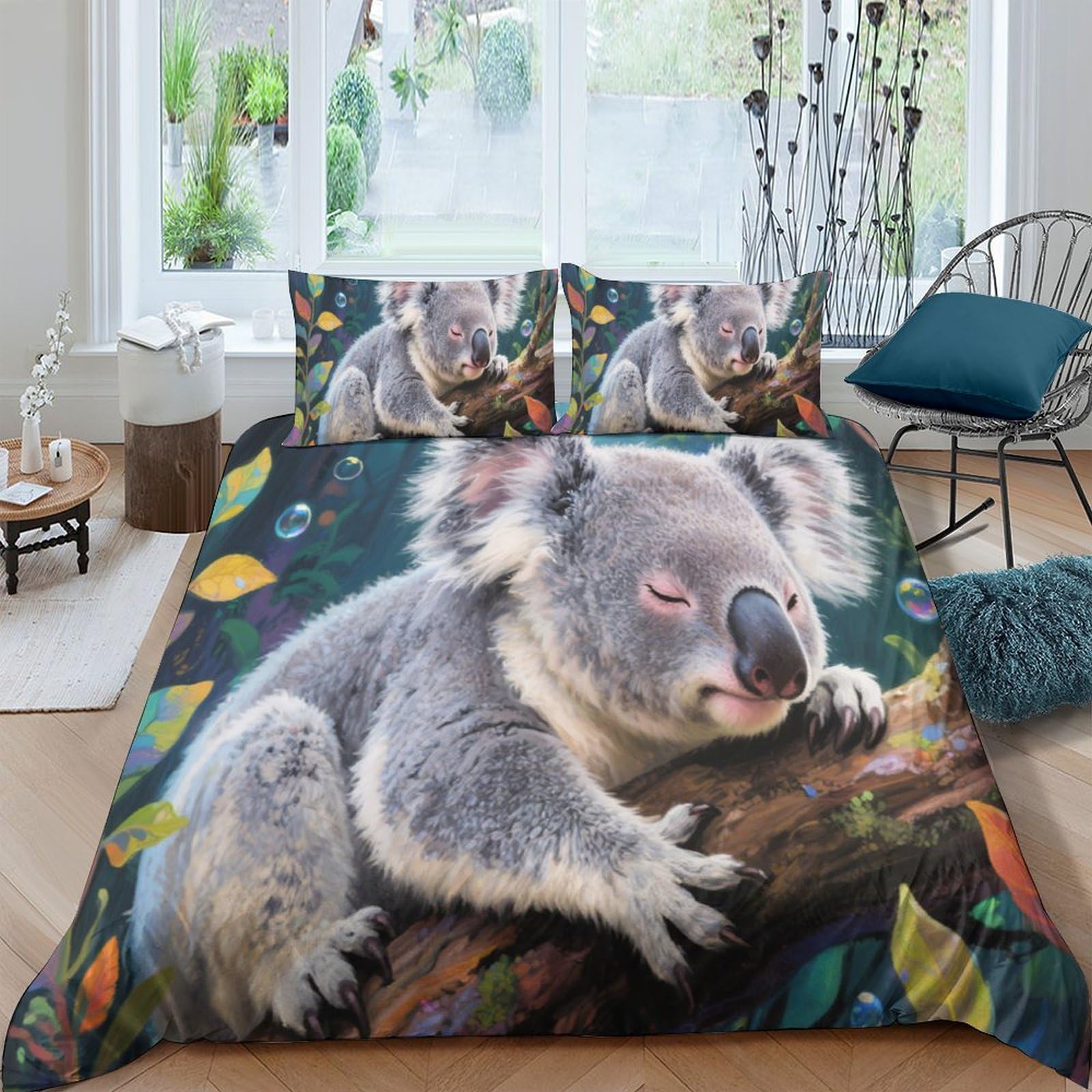 Ctjqhvkz Style-9 3D Printed Sleeping Koala Fitted Sheet Microfiber Soft Anti-Slip Mattress Cover For Bedroom Dorm Decorative Leaves Pattern Single（135X200cm）