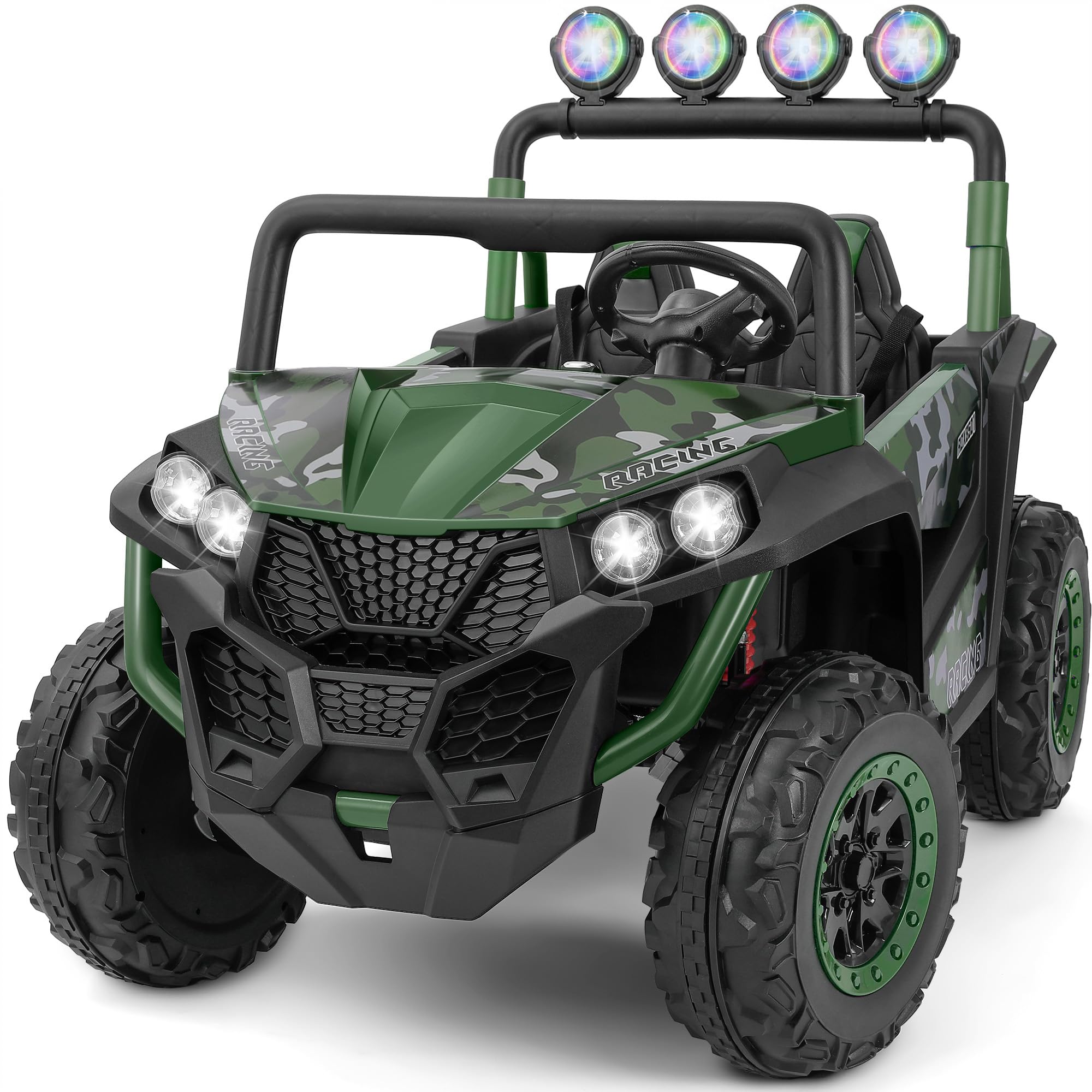 elemara 2 seater 24v ride on toys for big kids,xl ride on car with remote control,max capacity 130lbs battery powered kids car,5 mph max,4-wheeler suspension,bluetooth,rainbowlight*4,camouflage green