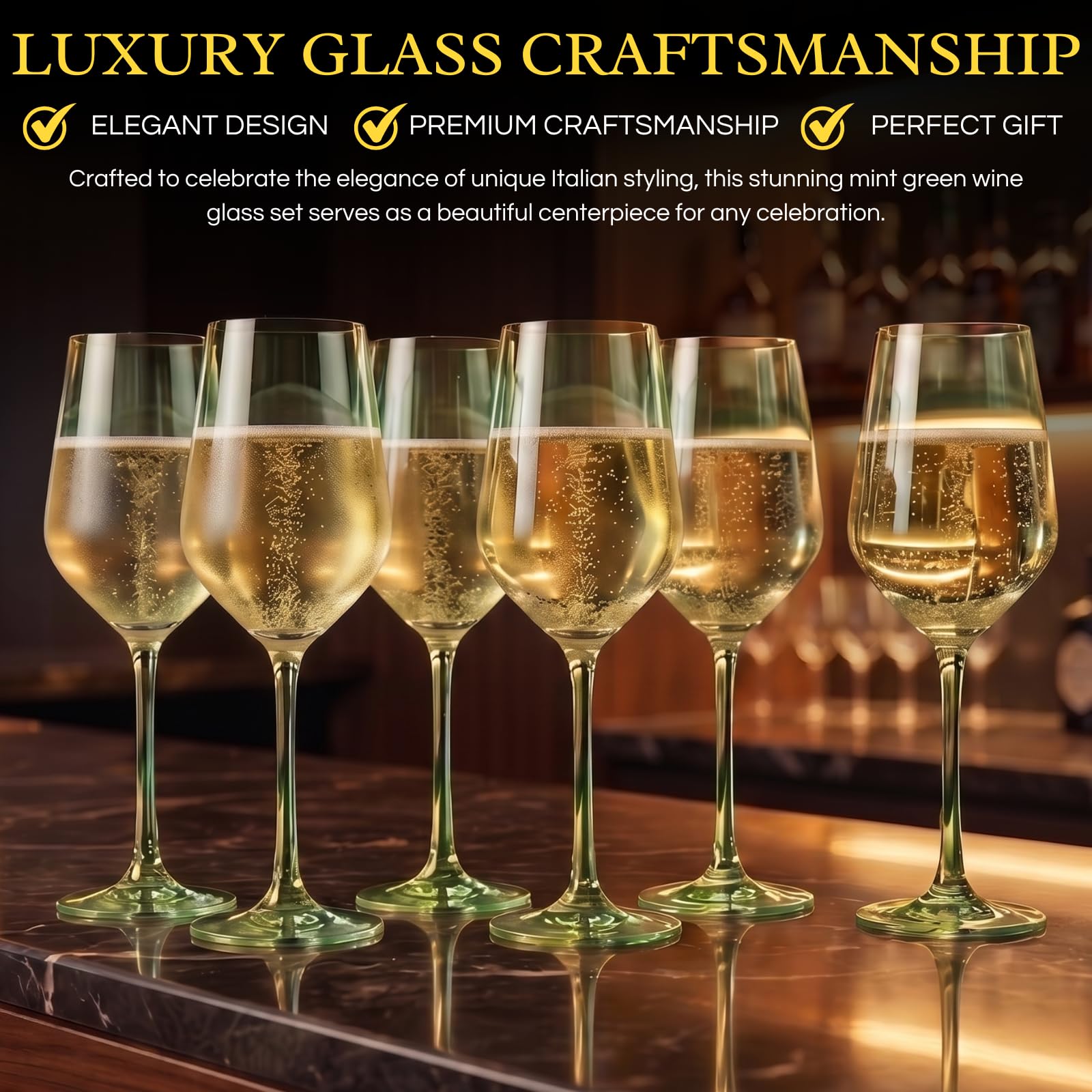 The Wine Savant Lot de 6 verres à vin de couleur verte, 355 ml, vert menthe, cadeau, fête prénatale, décoration unique de style italien à haute tige pour vin blanc et rouge