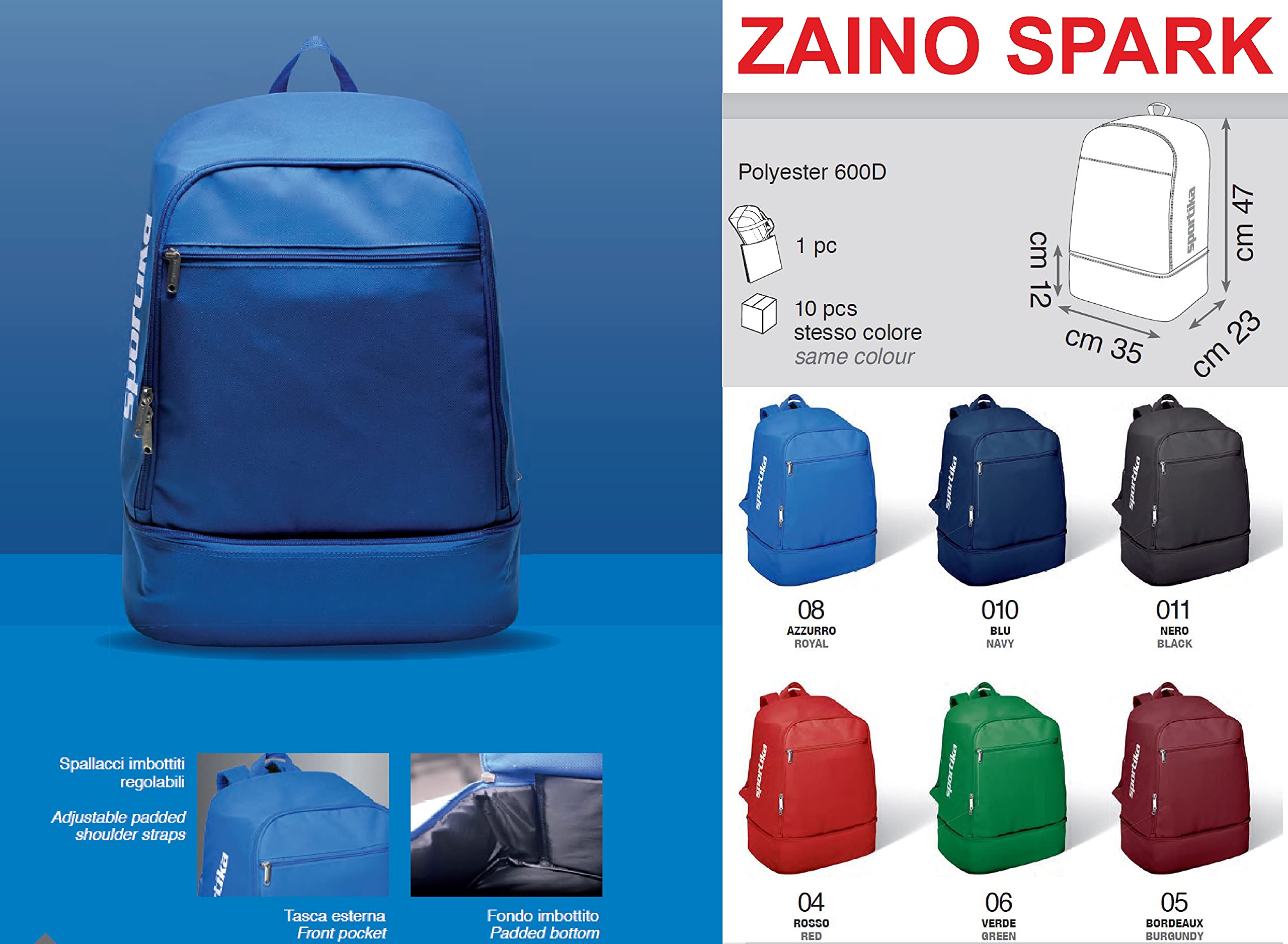 ZAINO Mod. SPARK 6 Colori a Scelta zainetti X Scuola Calcio, MiniVolley, Mini Basket