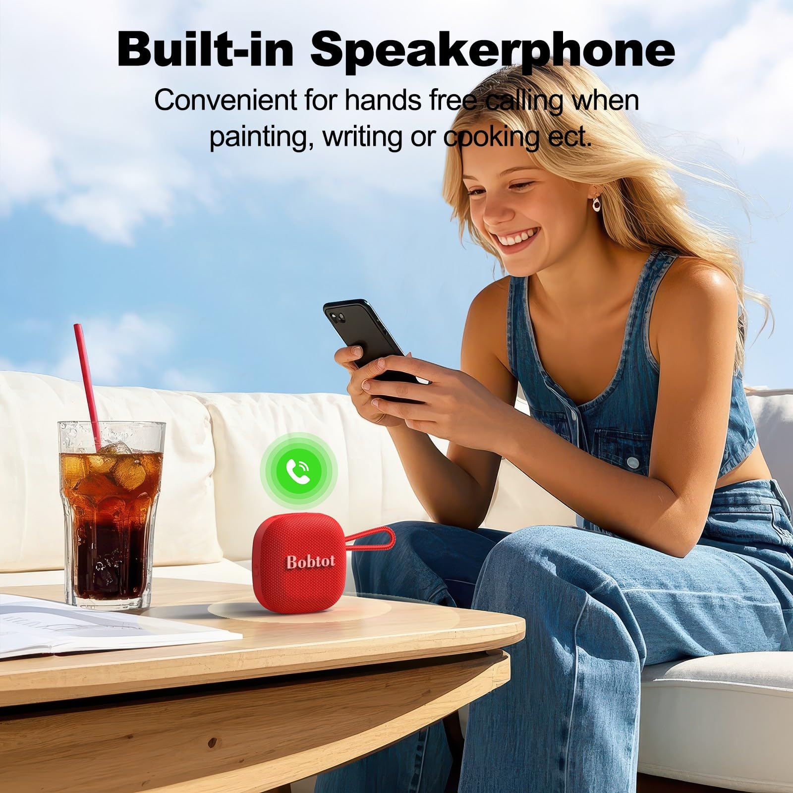 Bobtot Altoparlanti Bluetooth portatili, wireless, IPX7, impermeabile, mini altoparlante da doccia con suono stereo forte, 16 ore di riproduzione, bassi ricchi, TWS, microfono integrato, dimensioni
