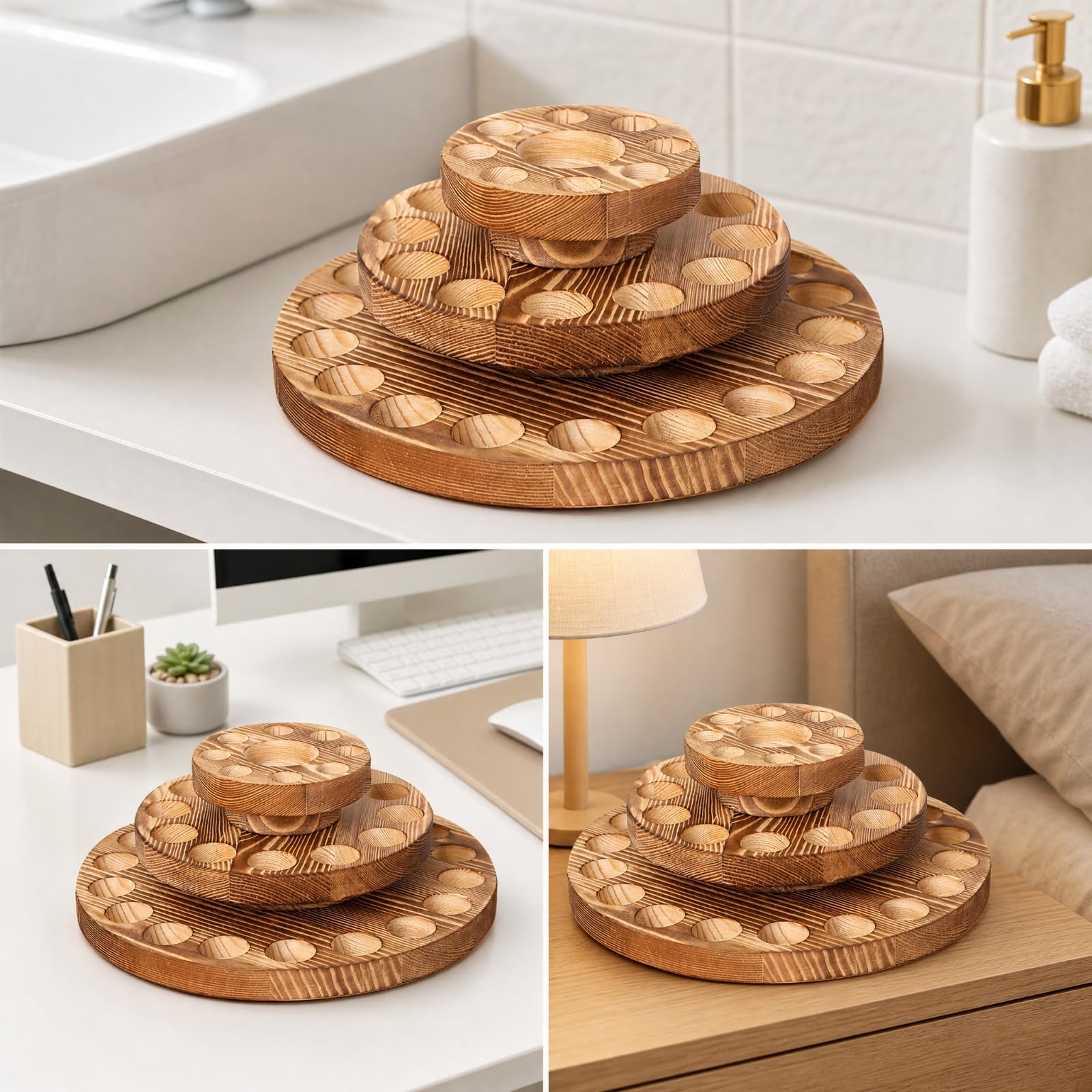 Organiteur à Trois Niveaux en Bois n Stable Range-Cosmétiques Rotatif Résistant pr Rayures Présentoir pr Coiffeuse, Style A