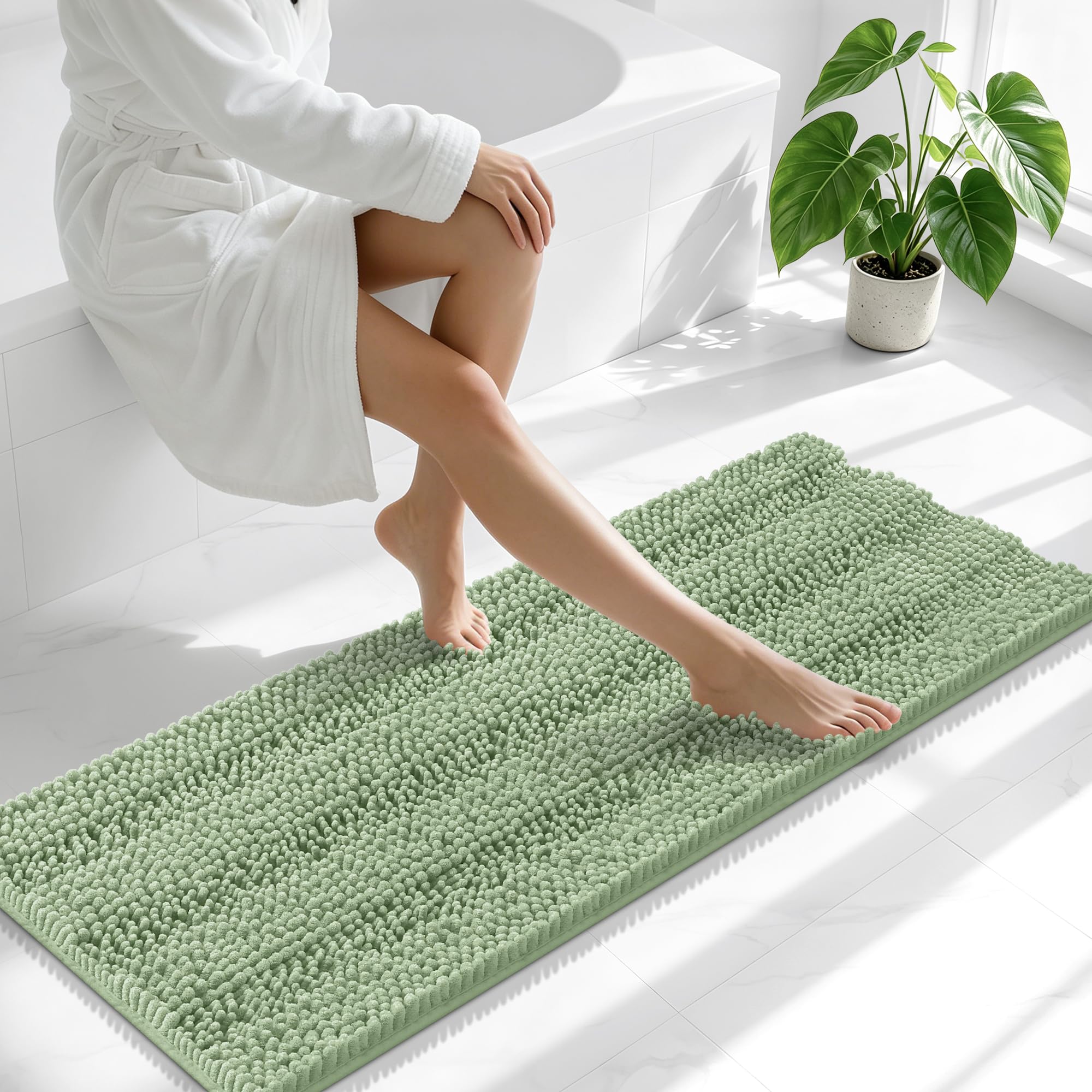 Smiry Thick Chenille Bathroom Runner Rugs 47x17, Soft Bath Mat, Sage Green