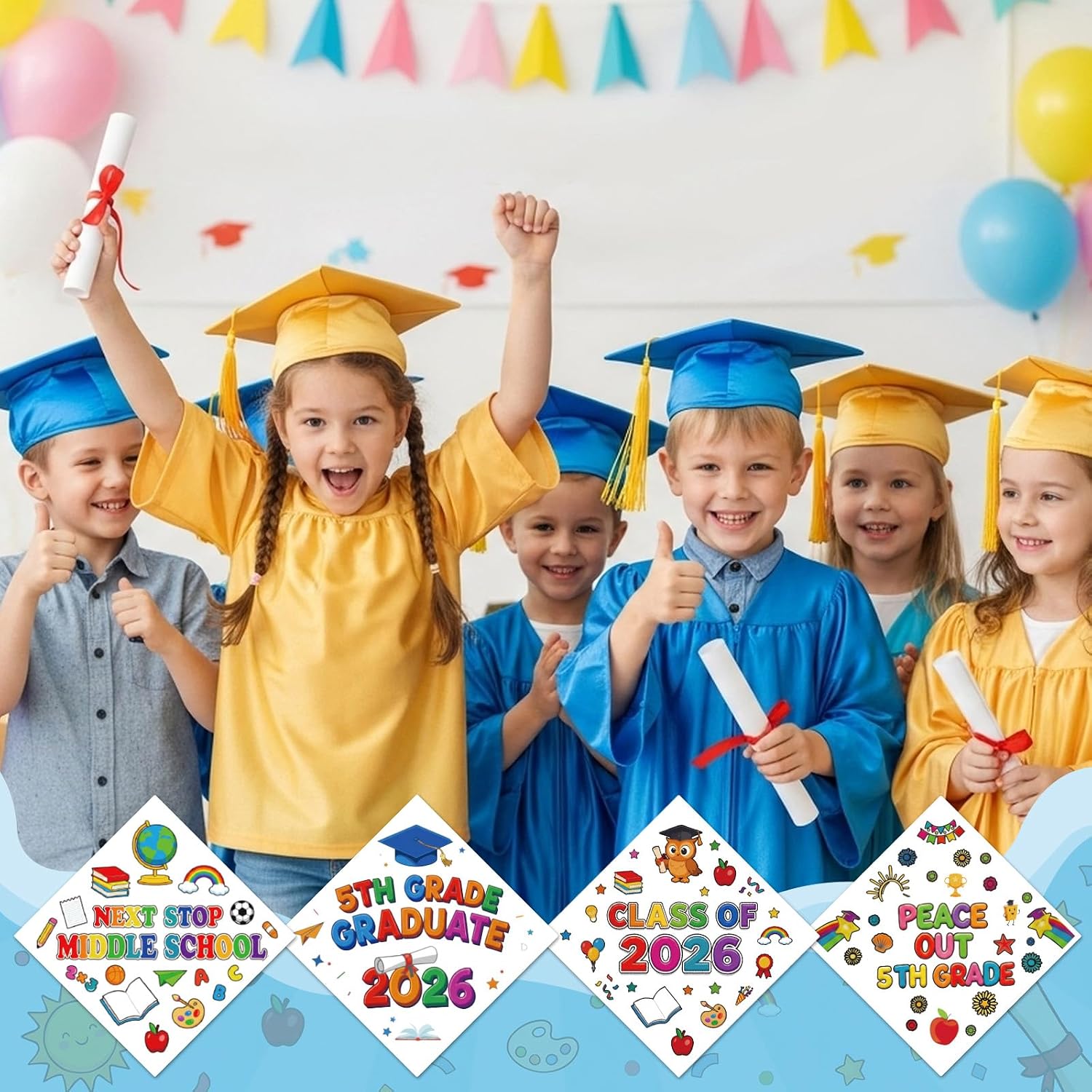 Sabary 24 Pcs 5th Grade Graduation Cap Stickers Kit 2026 Graduation Cap Topper Craft DIY Graduations Hat Decorations Stickers for Kids Classroom Crafts Activities Party Supplies